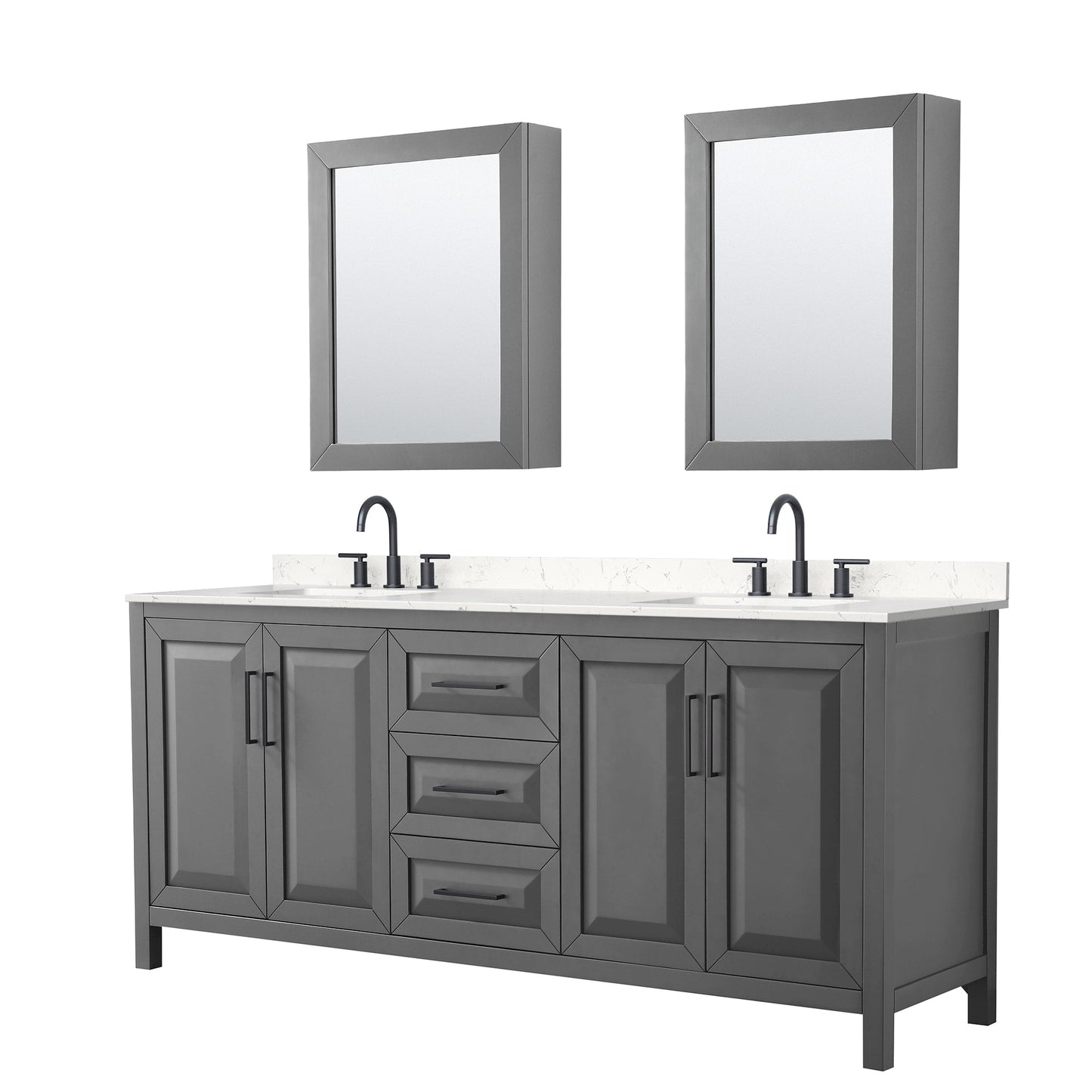 Wyndham Collection Daria 80" Double Bathroom Vanity in Dark Gray, Carrara Cultured Marble Countertop, Undermount Square Sinks (3-Hole), Matte Black Trim, Medicine Cabinets