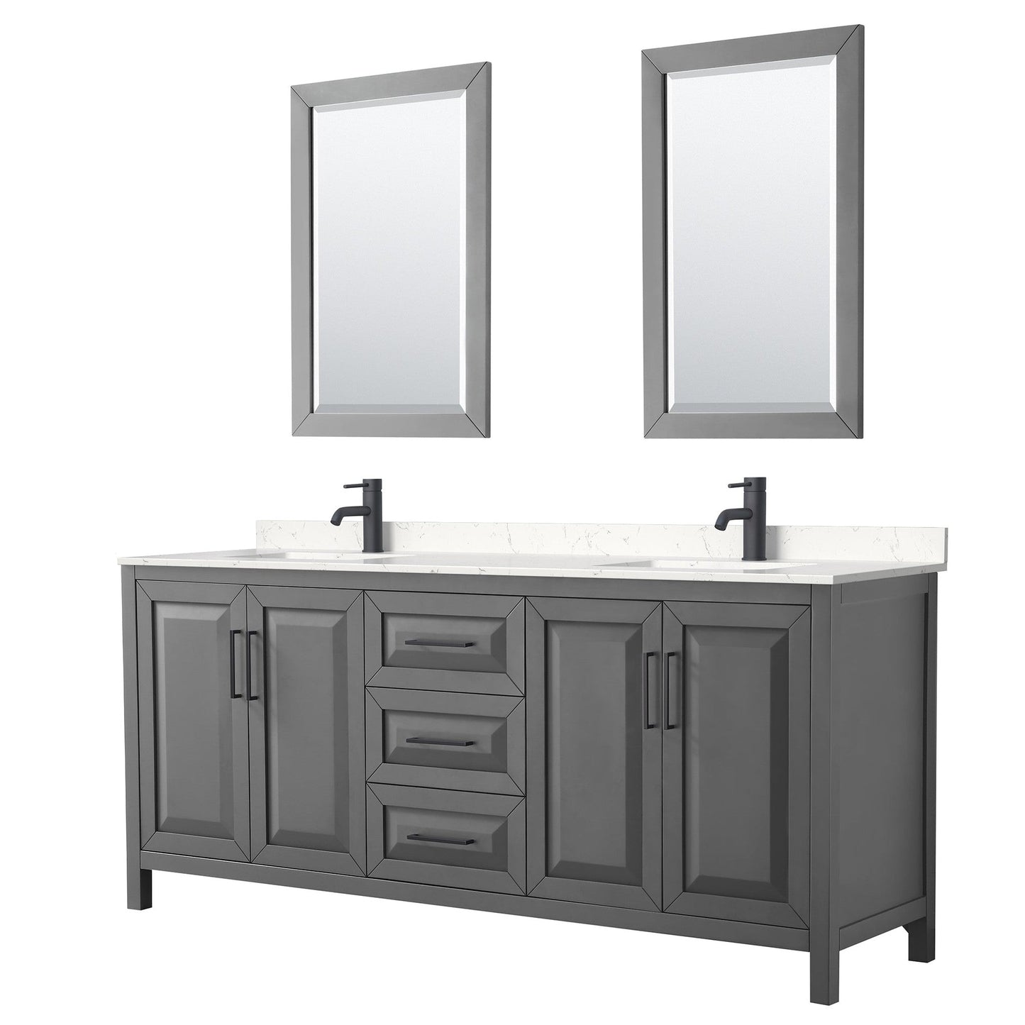 Wyndham Collection Daria 80" Double Bathroom Vanity in Dark Gray, Carrara Cultured Marble Countertop, Undermount Square Sinks, Matte Black Trim, 24" Mirrors