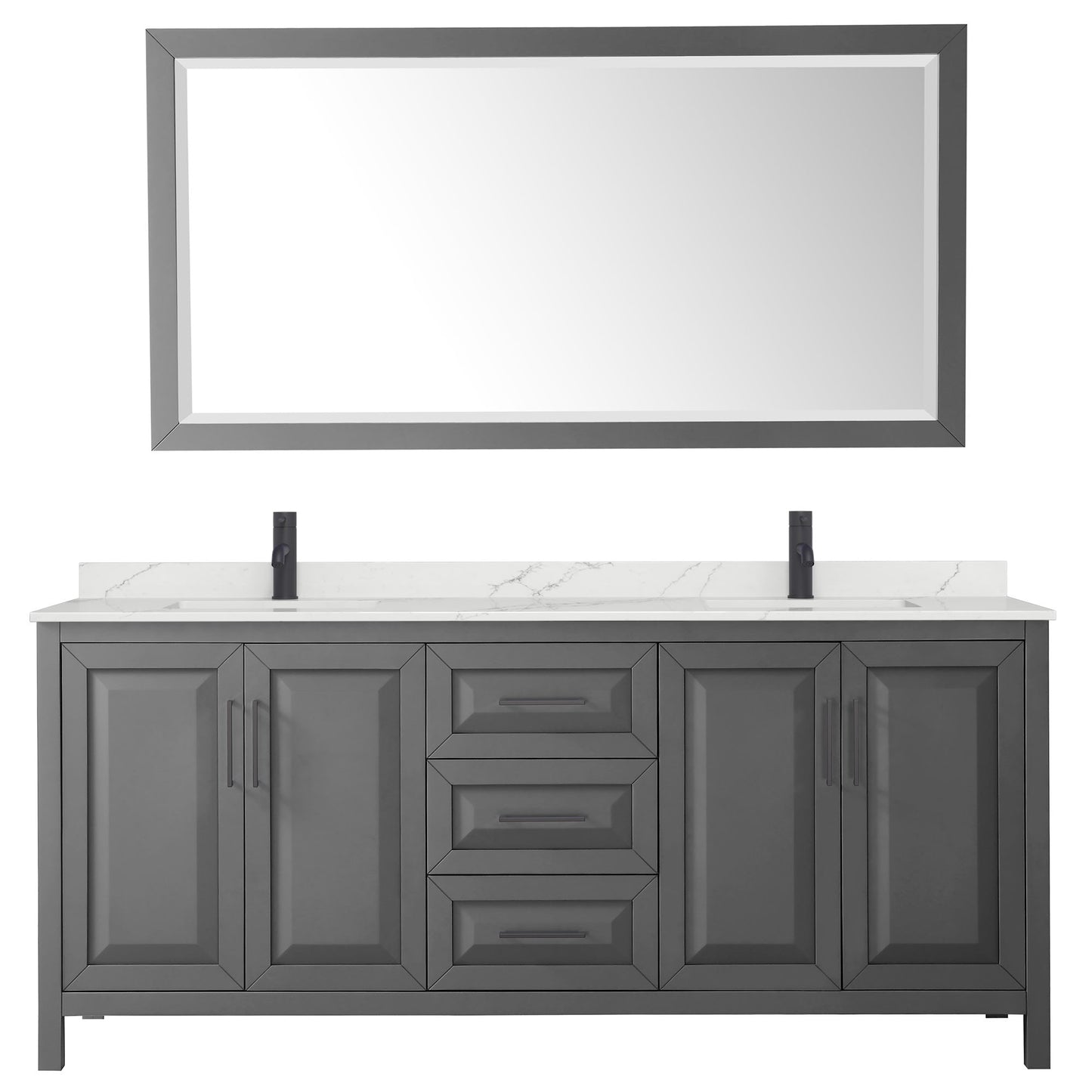 Wyndham Collection Daria 80" Double Bathroom Vanity in Dark Gray, Giotto Quartz Countertop, Undermount Square Sinks (1-Hole), Matte Black Trim, 70" Mirror