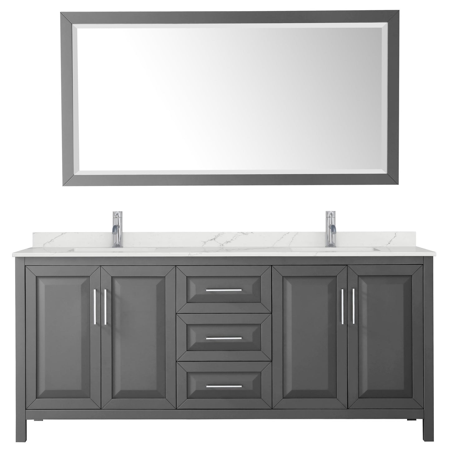 Wyndham Collection Daria 80" Double Bathroom Vanity in Dark Gray, Giotto Quartz Countertop, Undermount Square Sinks (1-Hole), Polished Chrome Trim, 70" Mirror
