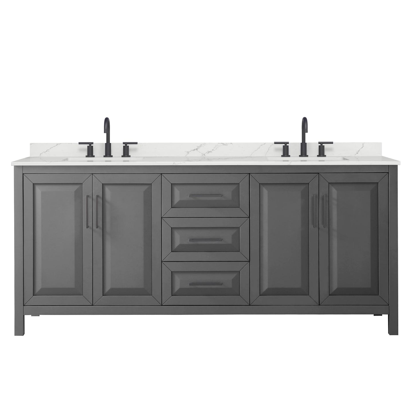 Wyndham Collection Daria 80" Double Bathroom Vanity in Dark Gray, Giotto Quartz Countertop, Undermount Square Sinks (3-Hole), Matte Black Trim