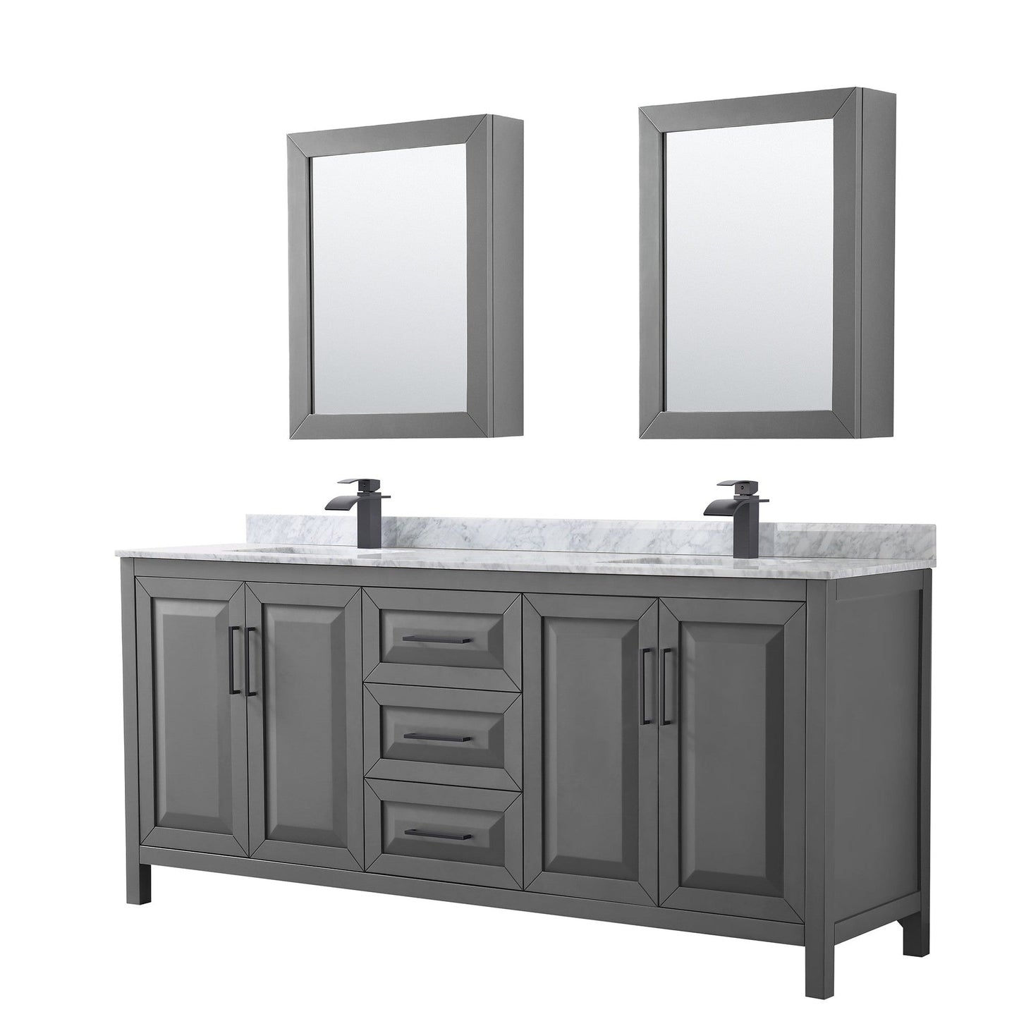 Wyndham Collection Daria 80" Double Bathroom Vanity in Dark Gray, White Carrara Marble Countertop, Undermount Square Sinks, Matte Black Trim, Medicine Cabinets