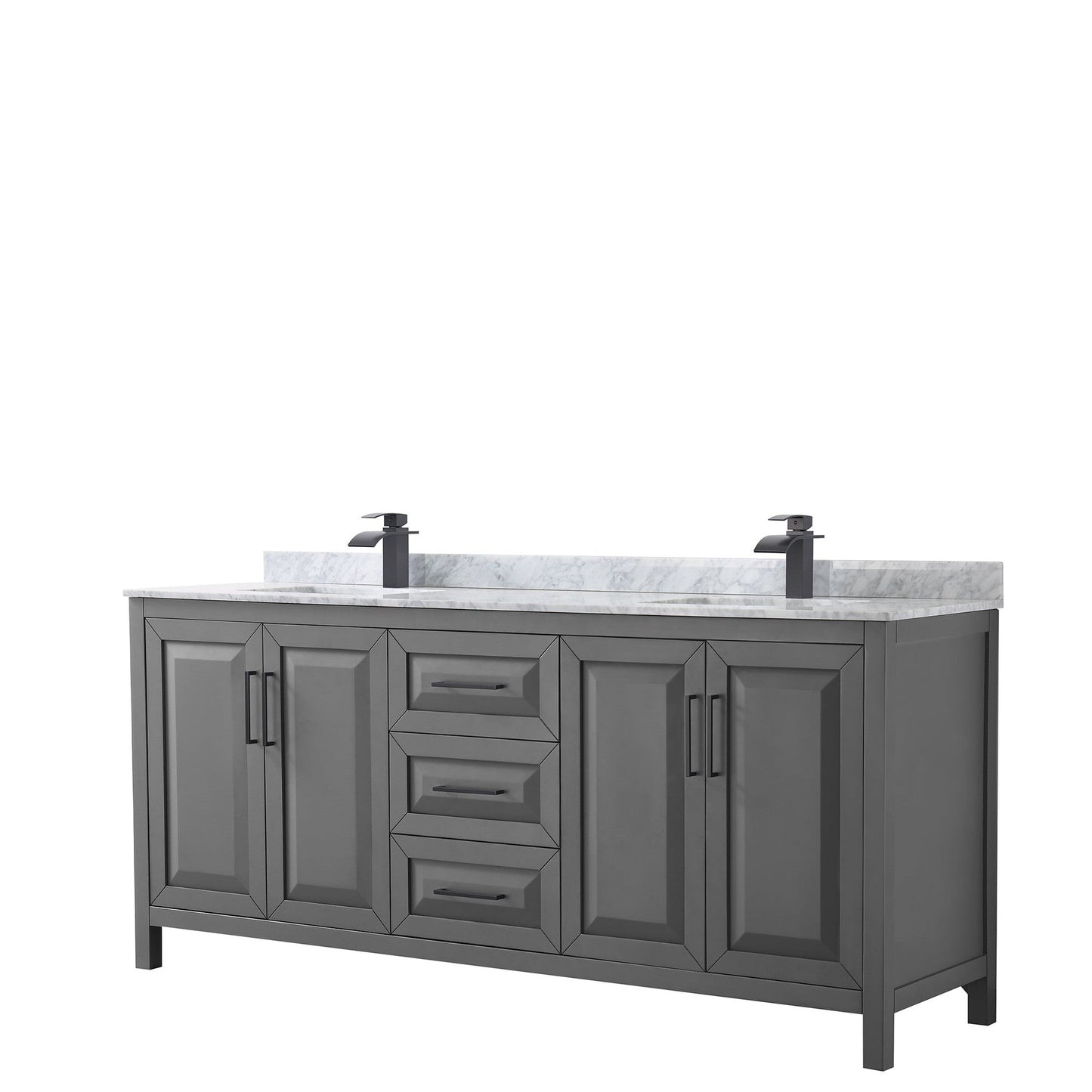 Wyndham Collection Daria 80" Double Bathroom Vanity in Dark Gray, White Carrara Marble Countertop, Undermount Square Sinks, Matte Black Trim