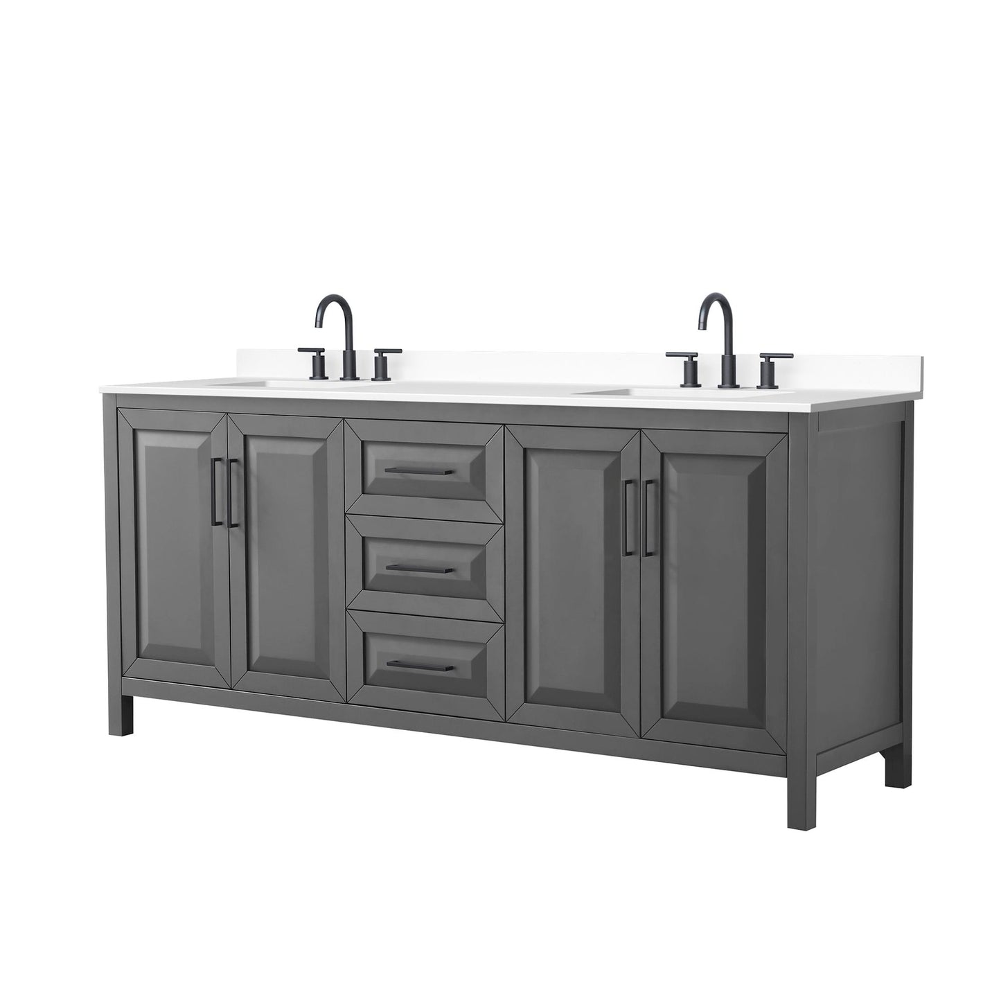 Wyndham Collection Daria 80" Double Bathroom Vanity in Dark Gray, White Cultured Marble Countertop, Undermount Square Sinks (3-Hole), Matte Black Trim