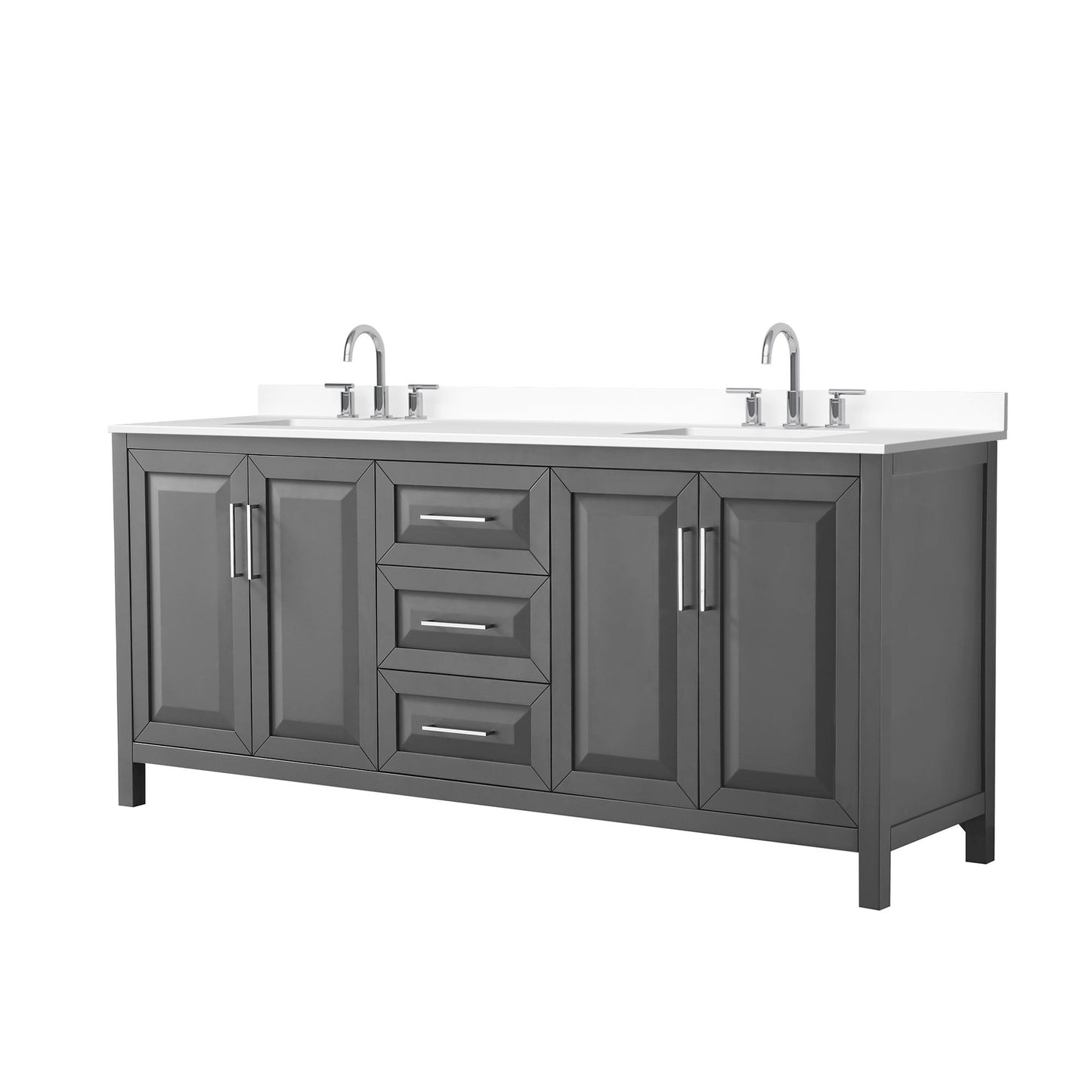 Wyndham Collection Daria 80" Double Bathroom Vanity in Dark Gray, White Cultured Marble Countertop, Undermount Square Sinks (3-Hole), Polished Chrome Trim