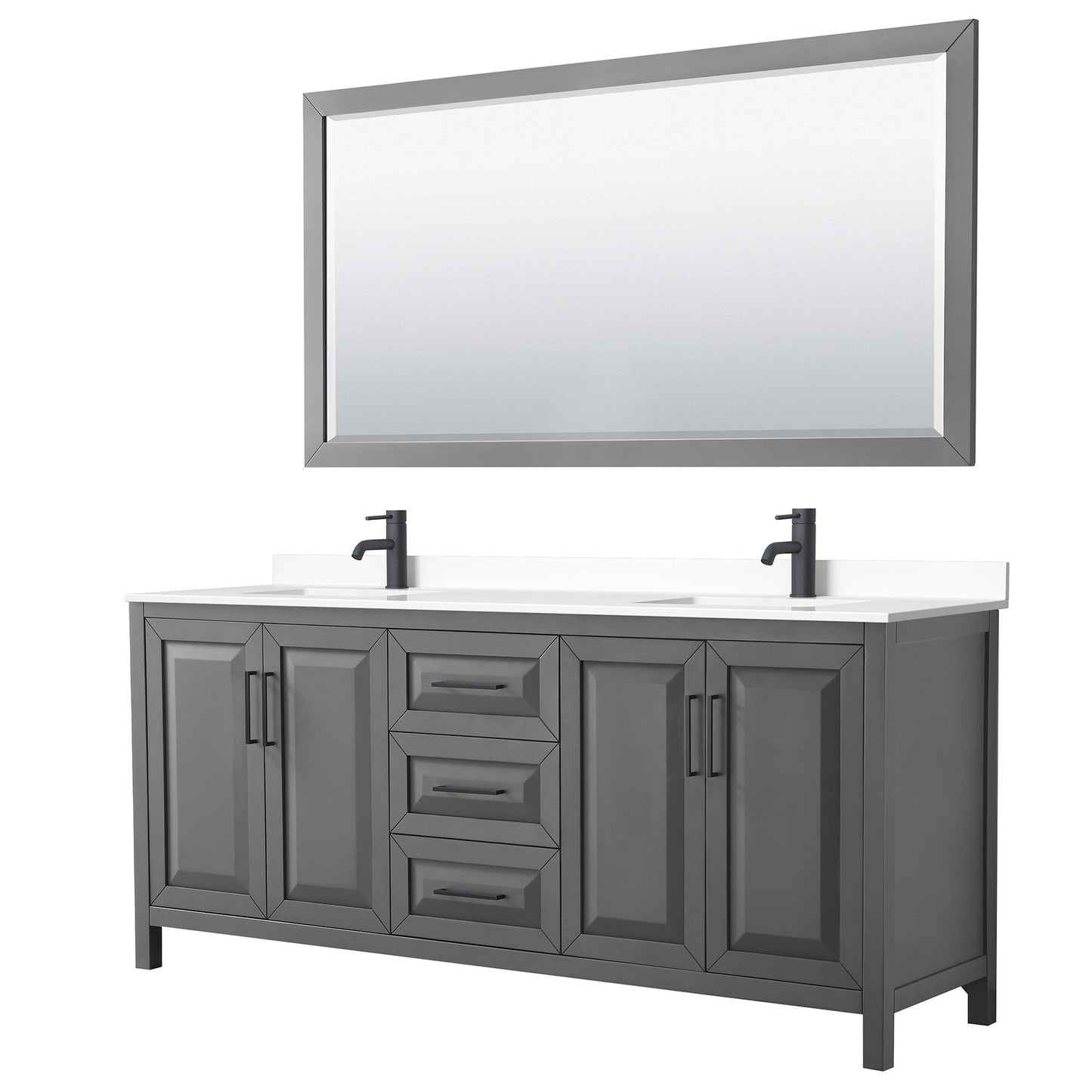 Wyndham Collection Daria 80" Double Bathroom Vanity in Dark Gray, White Cultured Marble Countertop, Undermount Square Sinks, Matte Black Trim, 70" Mirror