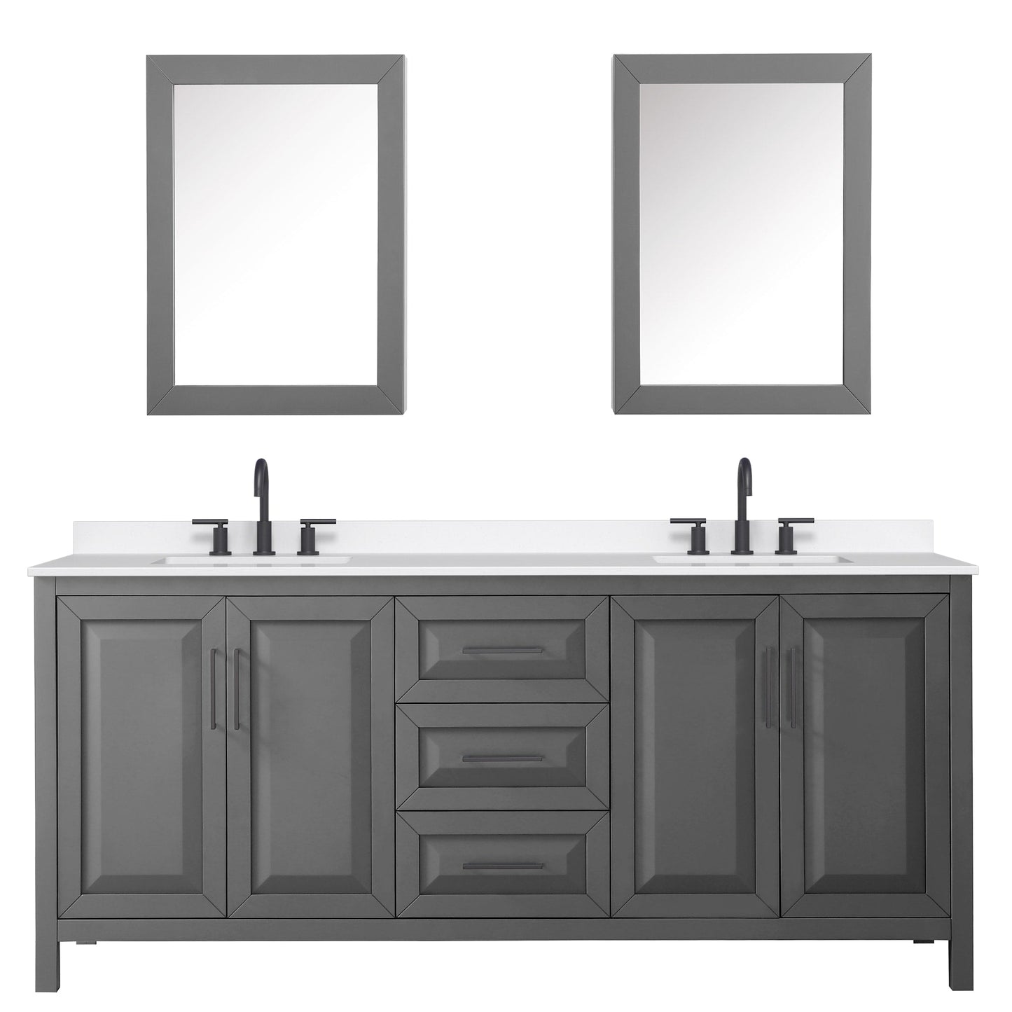 Wyndham Collection Daria 80" Double Bathroom Vanity in Dark Gray, White Quartz Countertop, Undermount Square Sinks (3-Hole), Matte Black Trim, Medicine Cabinets