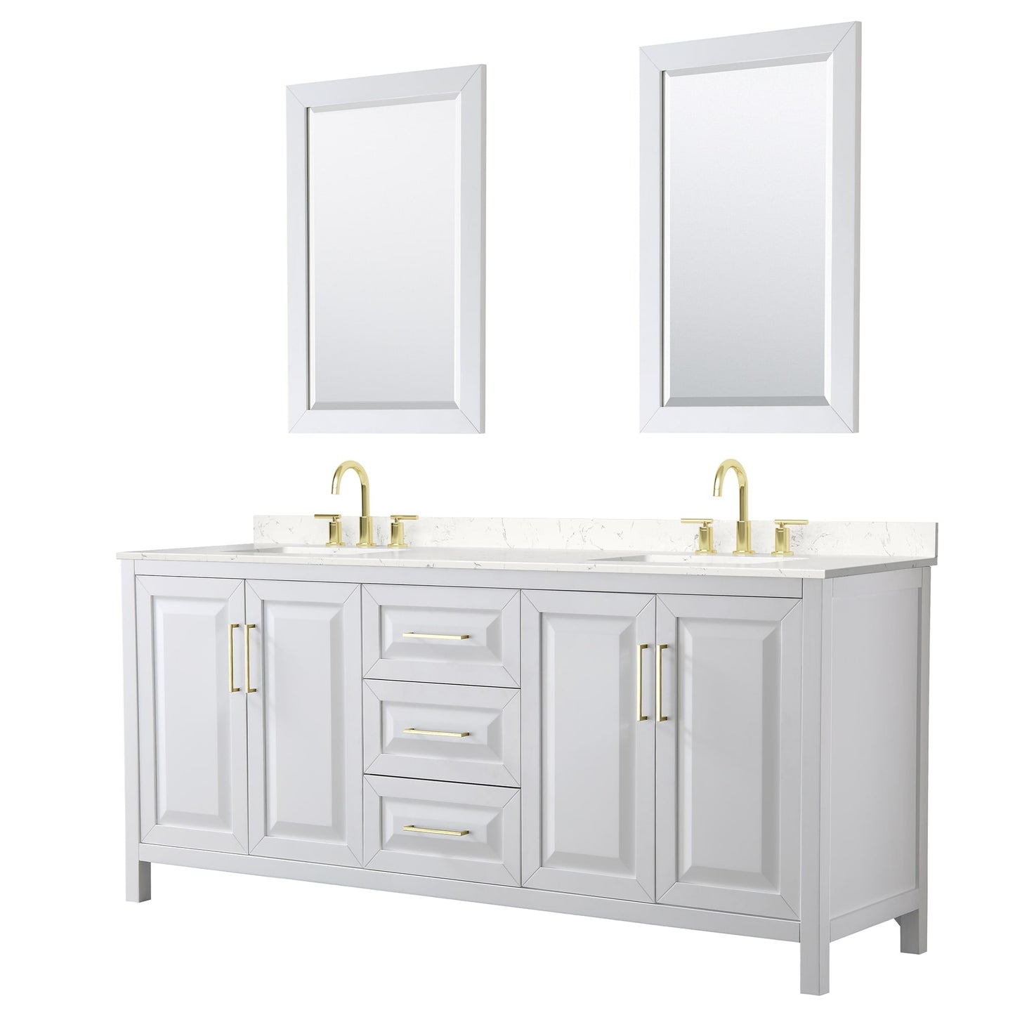 Wyndham Collection Daria 80" Double Bathroom Vanity in White, Carrara Cultured Marble Countertop, Undermount Square Sinks (3-Hole), 24" Mirrors, Brushed Gold Trim