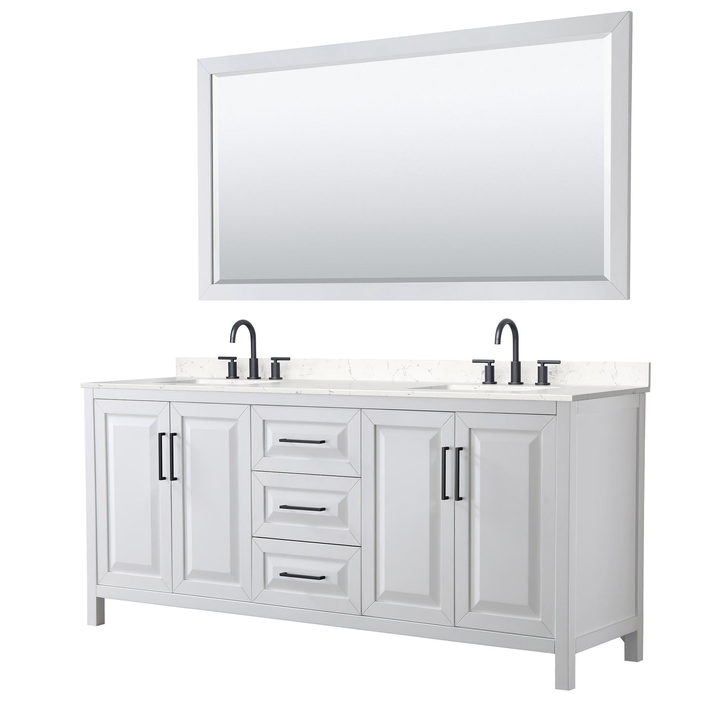 Wyndham Collection Daria 80" Double Bathroom Vanity in White, Carrara Cultured Marble Countertop, Undermount Square Sinks (3-Hole), Matte Black Trim, 70" Mirror