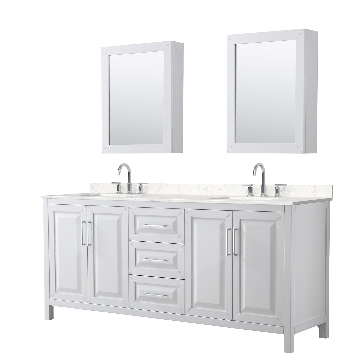 Wyndham Collection Daria 80" Double Bathroom Vanity in White, Carrara Cultured Marble Countertop, Undermount Square Sinks (3-Hole), Polished Chrome Trim, Medicine Cabinets