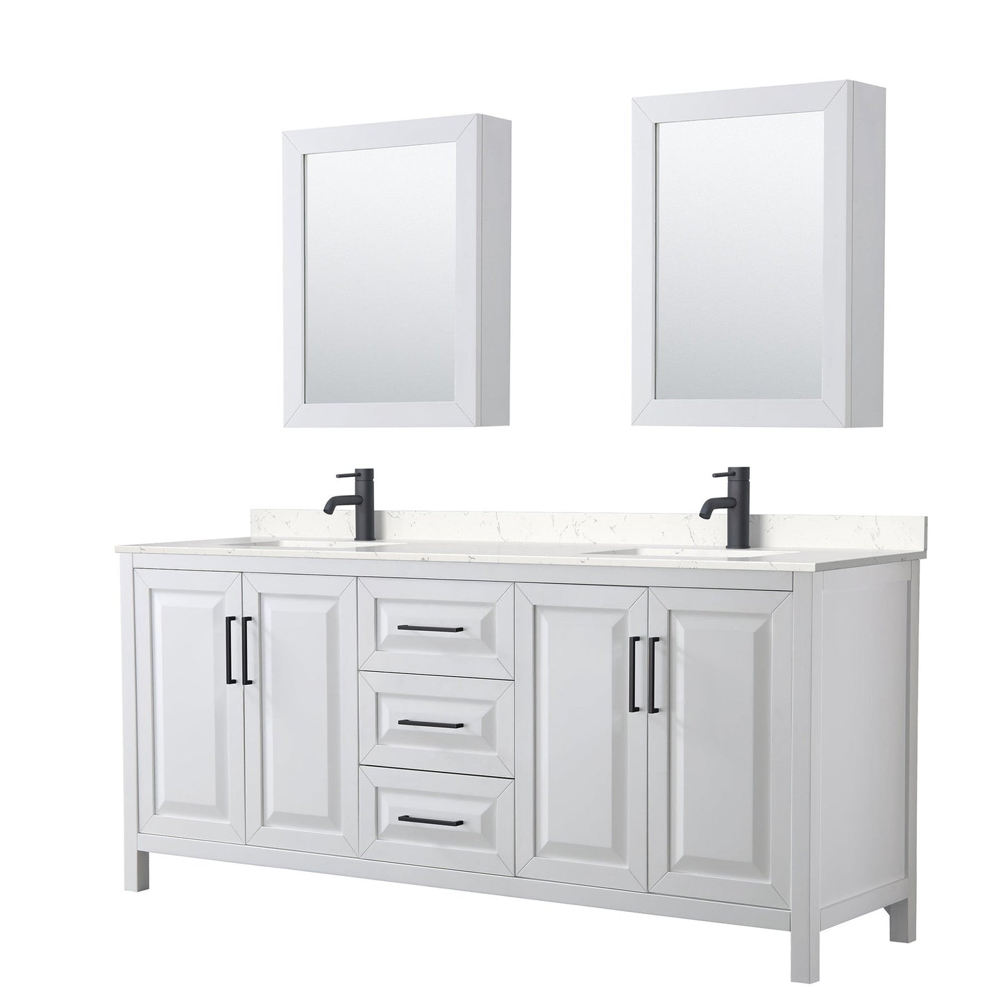 Wyndham Collection Daria 80" Double Bathroom Vanity in White, Carrara Cultured Marble Countertop, Undermount Square Sinks, Matte Black Trim, Medicine Cabinets