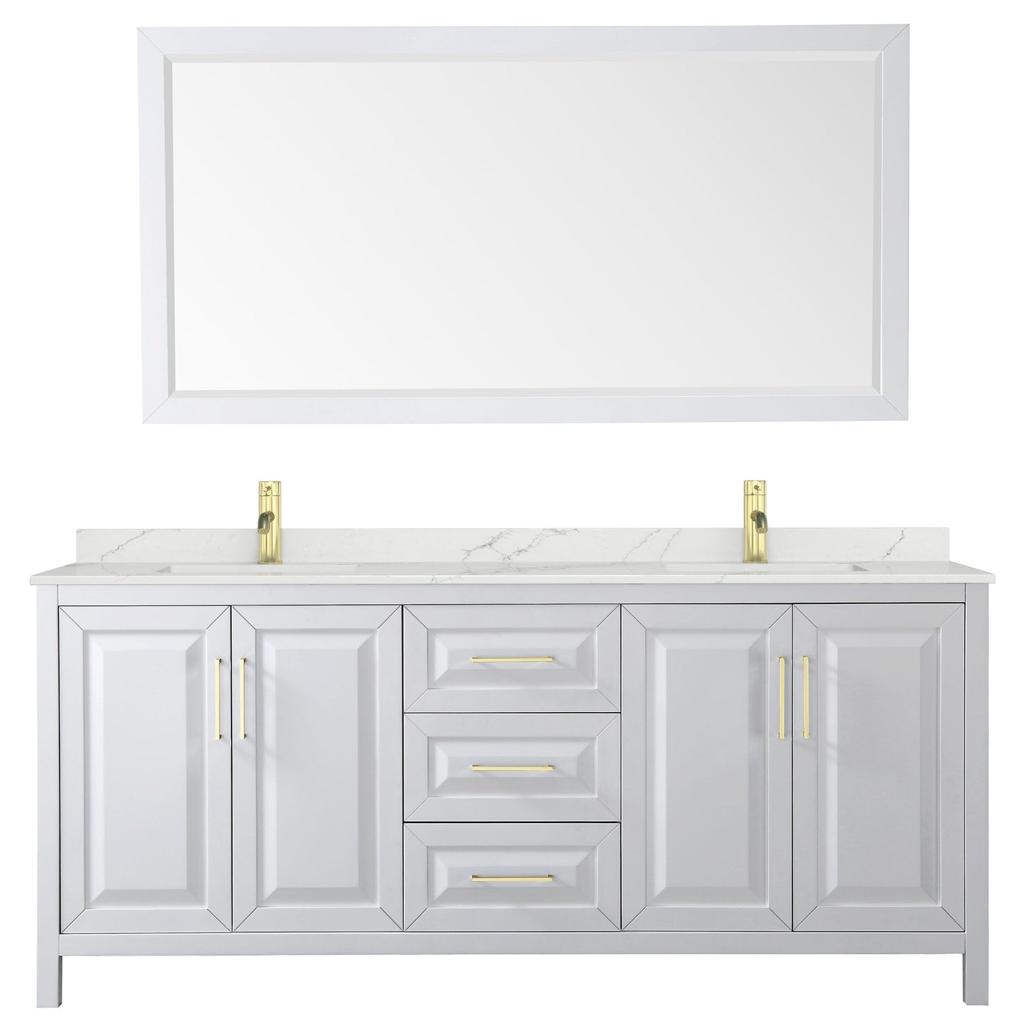 Wyndham Collection Daria 80" Double Bathroom Vanity in White, Giotto Quartz Countertop, Undermount Square Sinks (1-Hole), Brushed Gold Trim, 70" Mirror