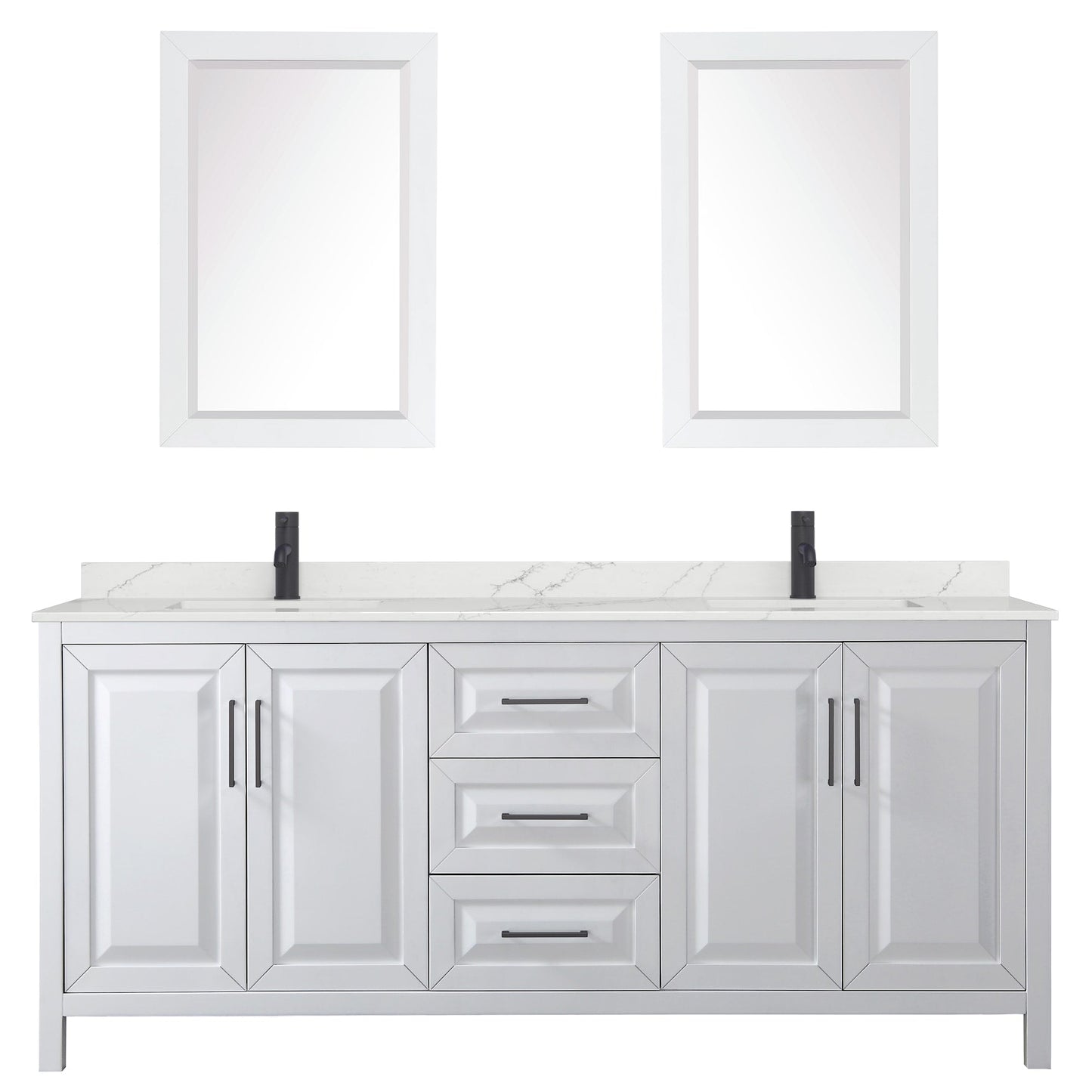 Wyndham Collection Daria 80" Double Bathroom Vanity in White, Giotto Quartz Countertop, Undermount Square Sinks (1-Hole), Matte Black Trim, 24" Mirrors