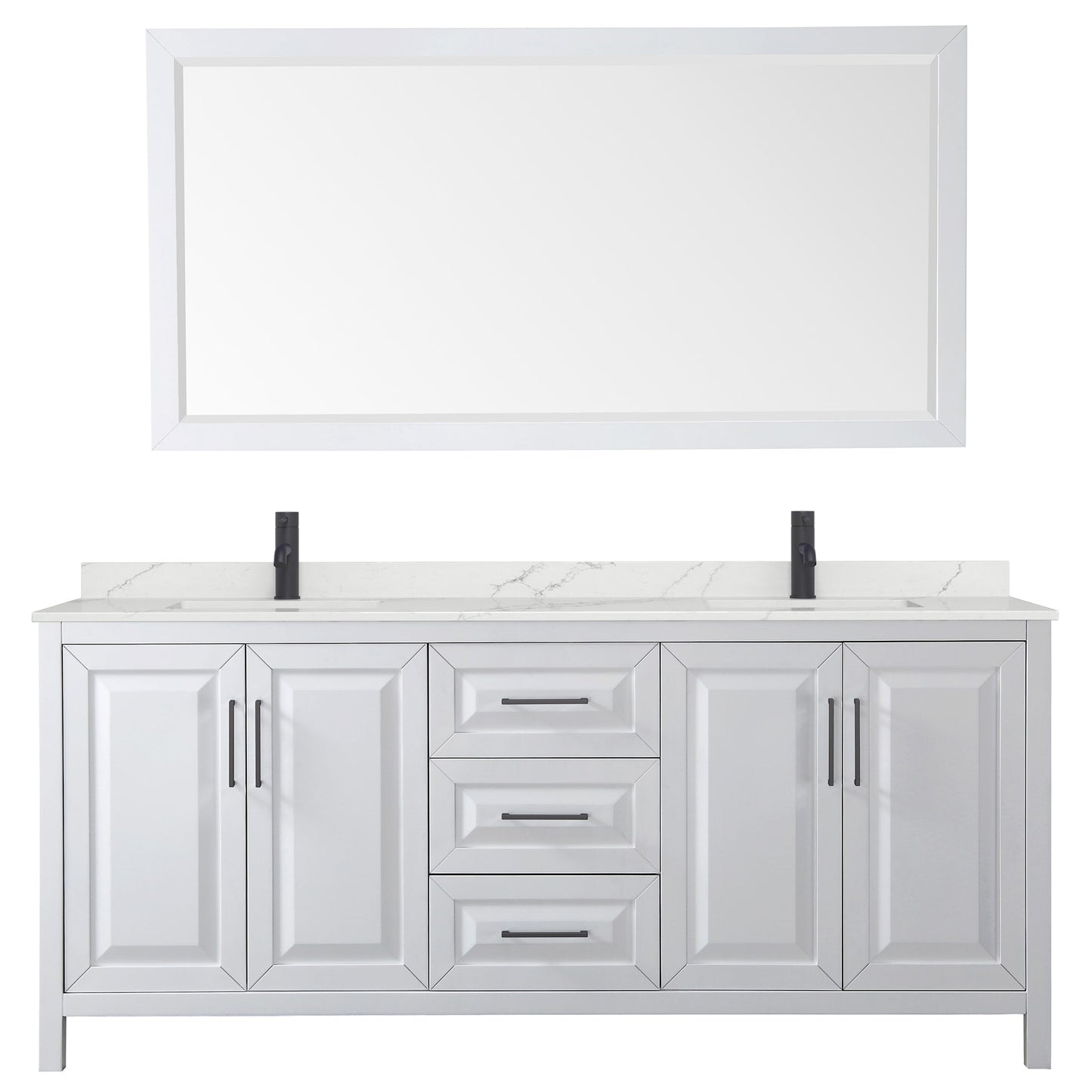 Wyndham Collection Daria 80" Double Bathroom Vanity in White, Giotto Quartz Countertop, Undermount Square Sinks (1-Hole), Matte Black Trim, 70" Mirror