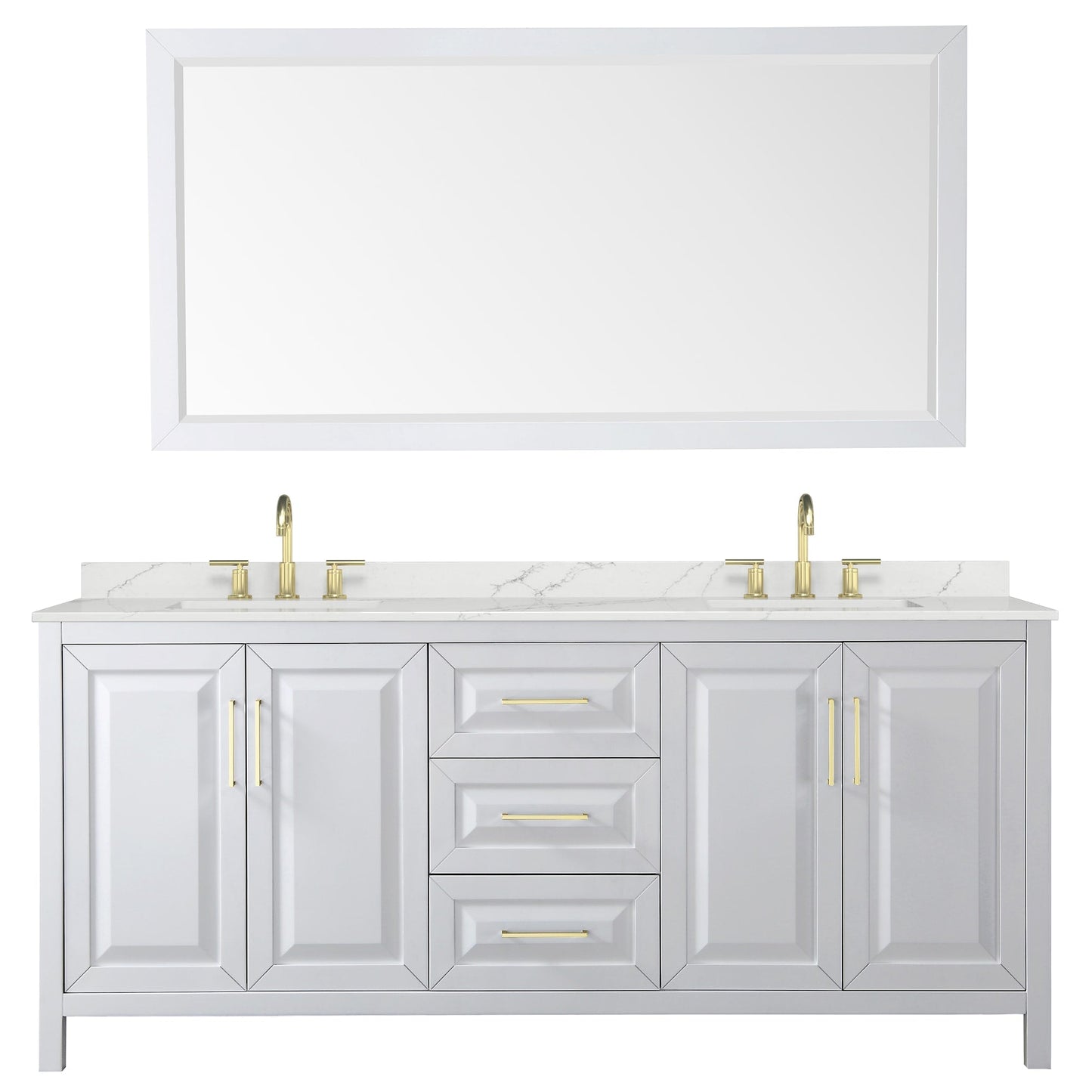 Wyndham Collection Daria 80" Double Bathroom Vanity in White, Giotto Quartz Countertop, Undermount Square Sinks (3-Hole), Brushed Gold Trim, 70" Mirror