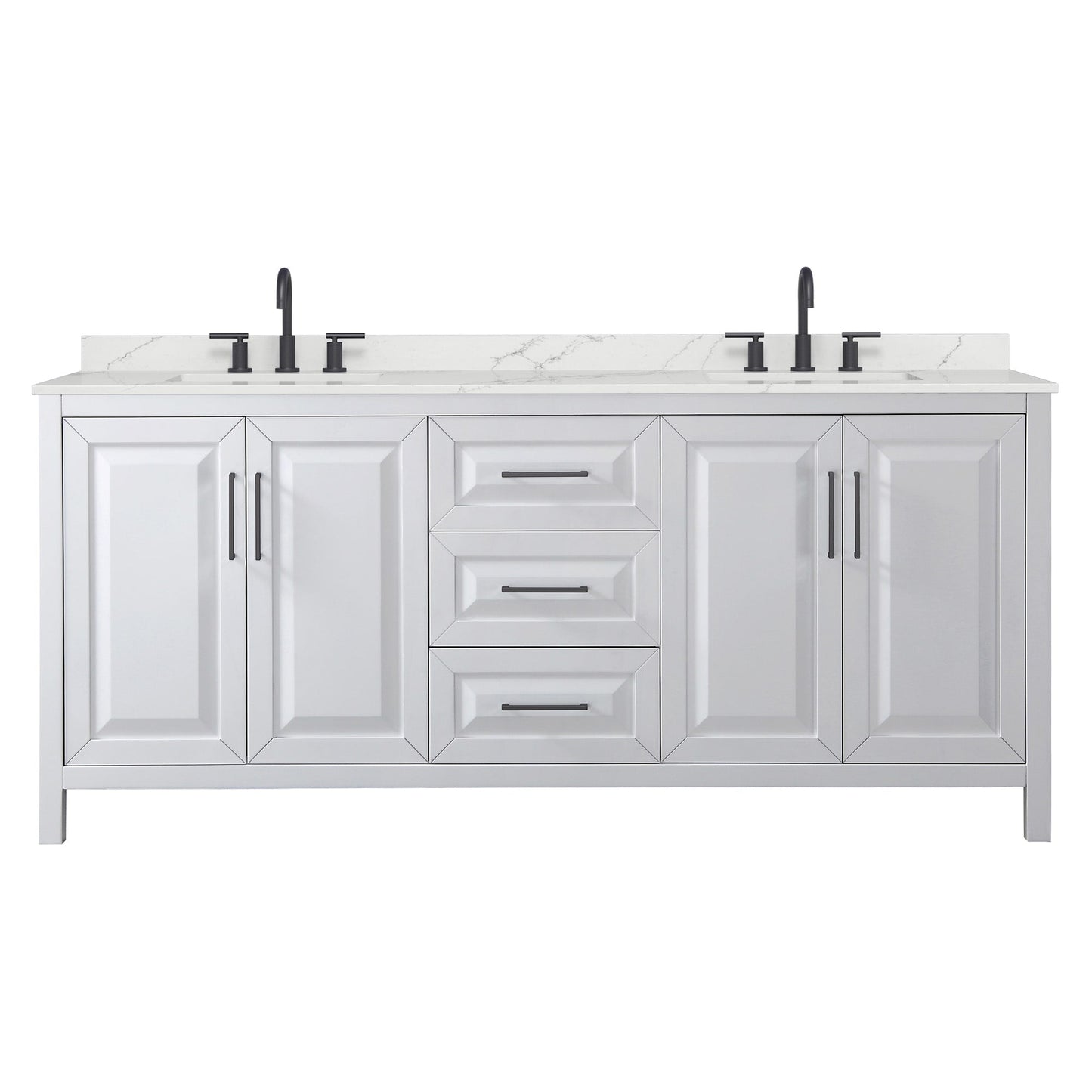 Wyndham Collection Daria 80" Double Bathroom Vanity in White, Giotto Quartz Countertop, Undermount Square Sinks (3-Hole), Matte Black Trim