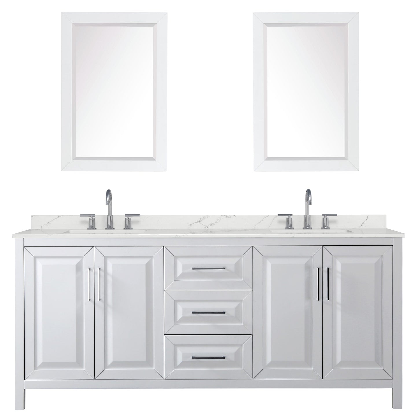 Wyndham Collection Daria 80" Double Bathroom Vanity in White, Giotto Quartz Countertop, Undermount Square Sinks (3-Hole), Polished Chrome Trim, 24" Mirrors