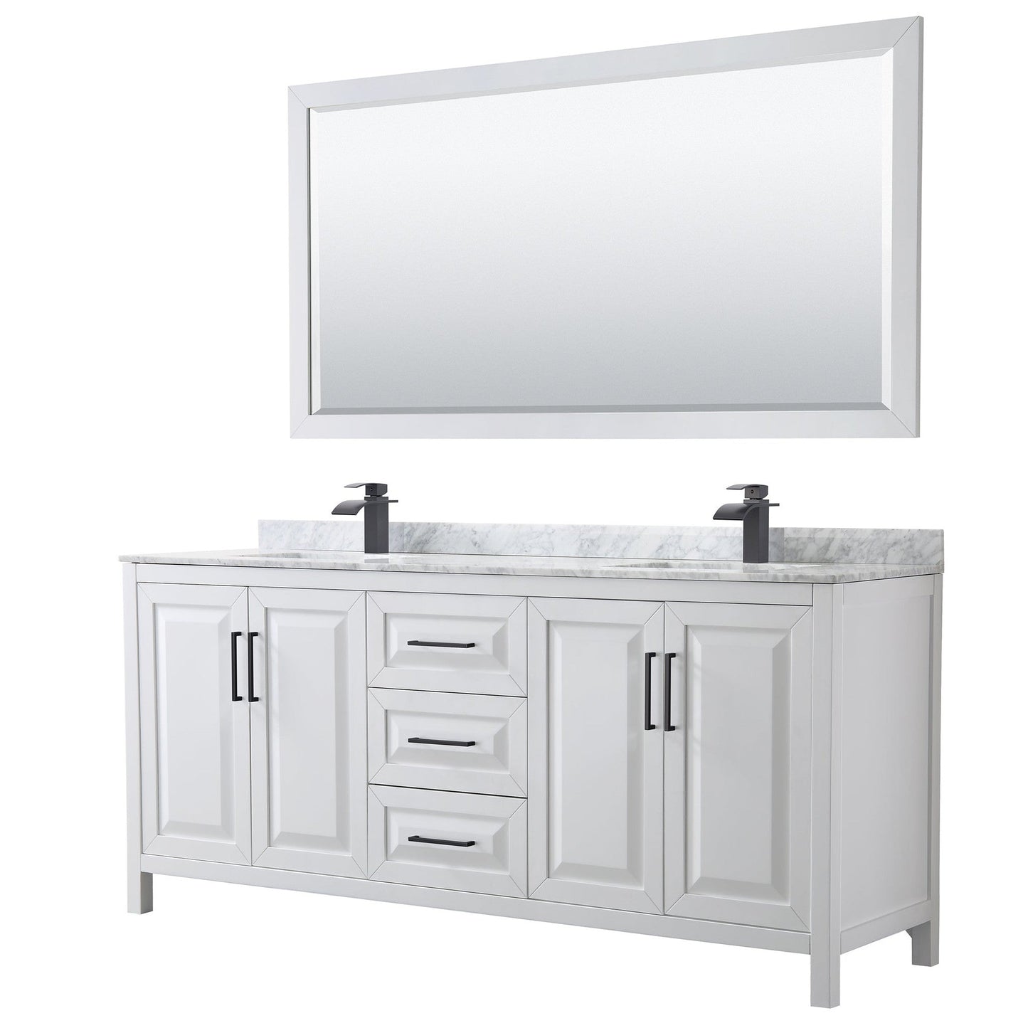 Wyndham Collection Daria 80" Double Bathroom Vanity in White, White Carrara Marble Countertop, Undermount Square Sinks, Matte Black Trim, 70" Mirror