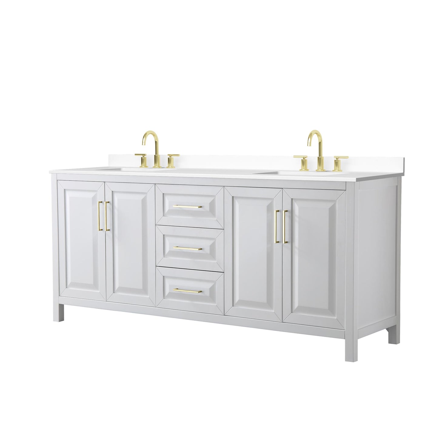 Wyndham Collection Daria 80" Double Bathroom Vanity in White, White Cultured Marble Countertop, Undermount Square Sinks (3-Hole), Brushed Gold Trim