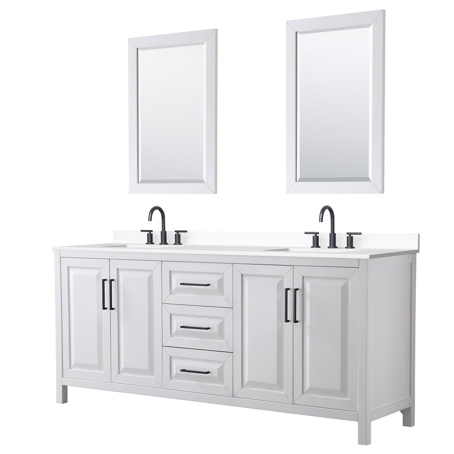 Wyndham Collection Daria 80" Double Bathroom Vanity in White, White Cultured Marble Countertop, Undermount Square Sinks (3-Hole), Matte Black Trim, 24" Mirrors