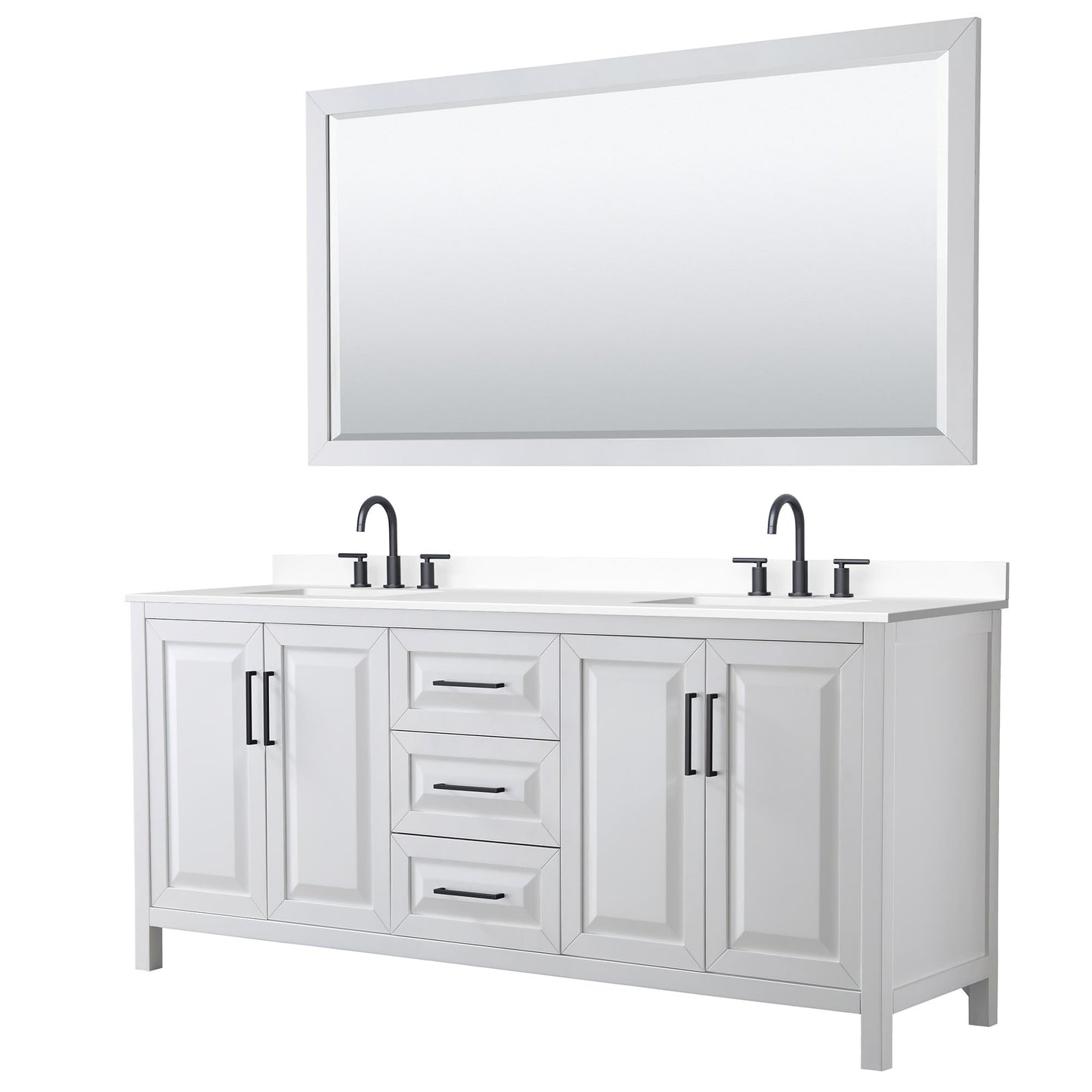 Wyndham Collection Daria 80" Double Bathroom Vanity in White, White Cultured Marble Countertop, Undermount Square Sinks (3-Hole), Matte Black Trim, 70" Mirror