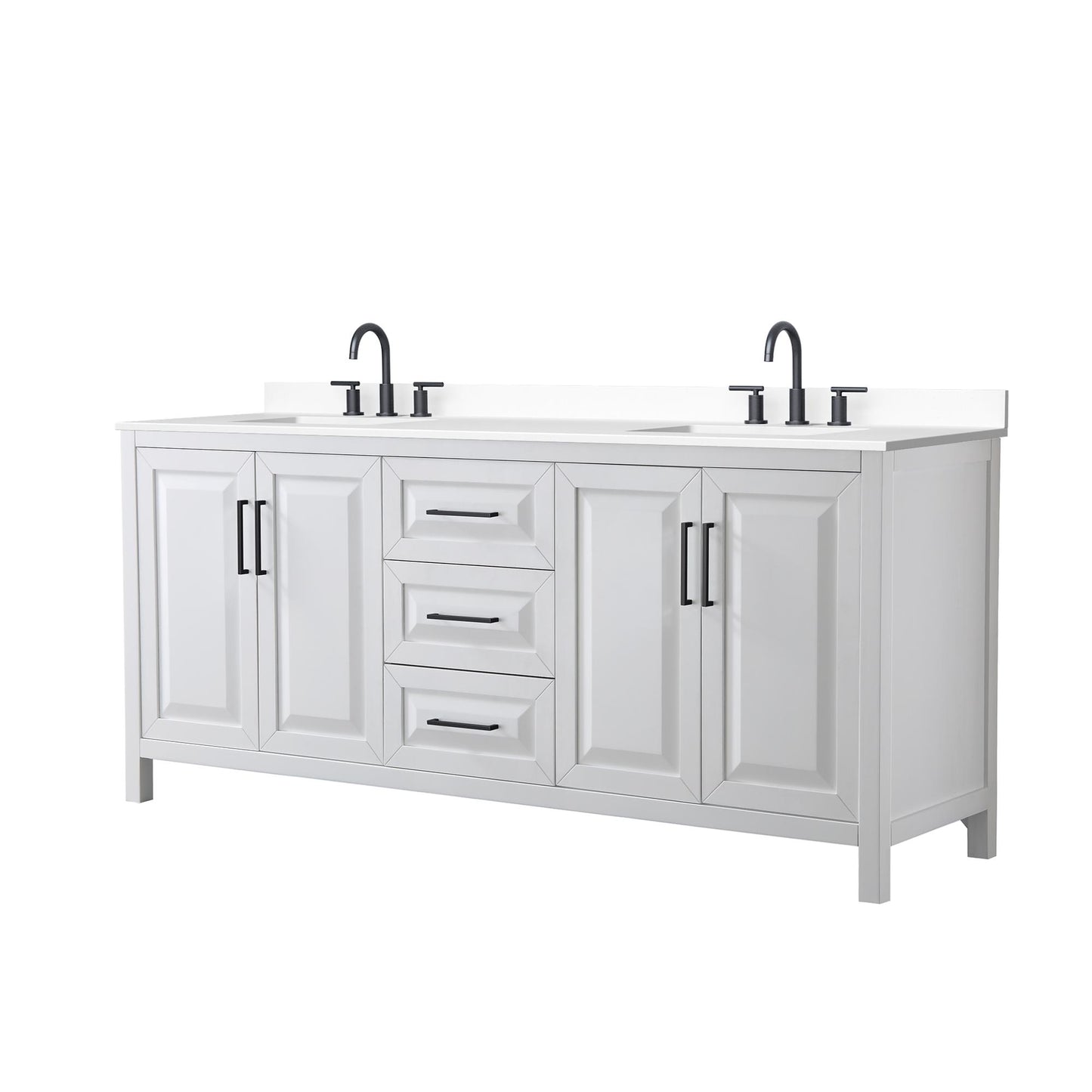 Wyndham Collection Daria 80" Double Bathroom Vanity in White, White Cultured Marble Countertop, Undermount Square Sinks (3-Hole), Matte Black Trim