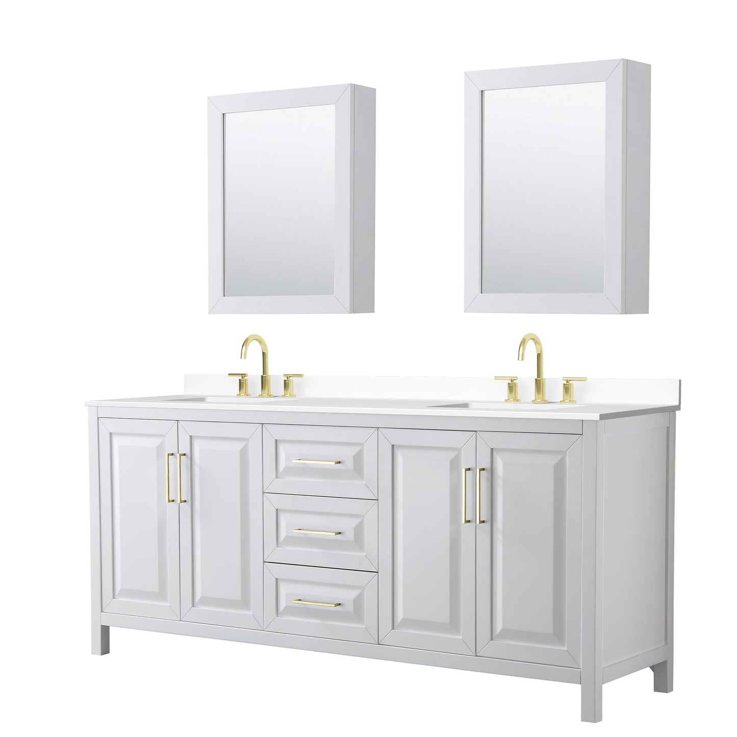 Wyndham Collection Daria 80" Double Bathroom Vanity in White, White Cultured Marble Countertop, Undermount Square Sinks (3-Hole), Medicine Cabinets, Brushed Gold Trim