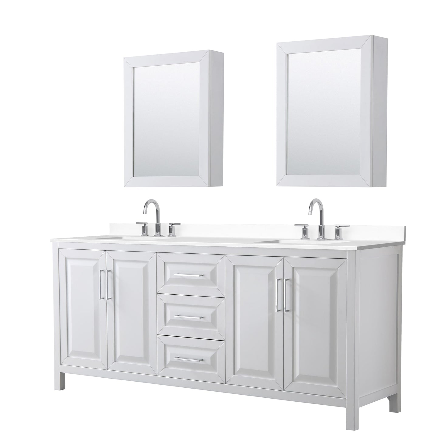 Wyndham Collection Daria 80" Double Bathroom Vanity in White, White Cultured Marble Countertop, Undermount Square Sinks (3-Hole), Polished Chrome Trim, Medicine Cabinets