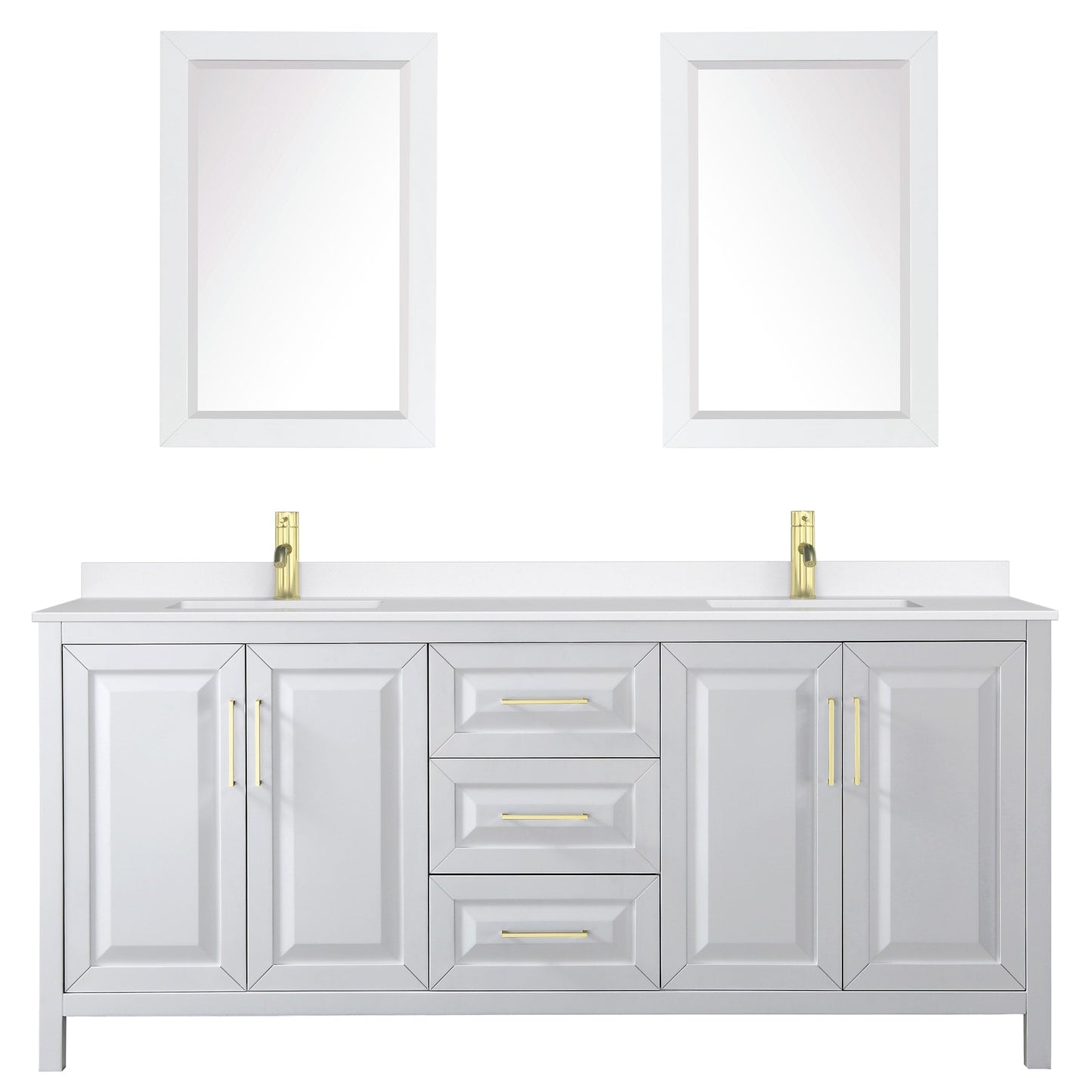 Wyndham Collection Daria 80" Double Bathroom Vanity in White, White Quartz Countertop, Undermount Square Sinks (1-Hole), Brushed Gold Trim, 24" Mirrors