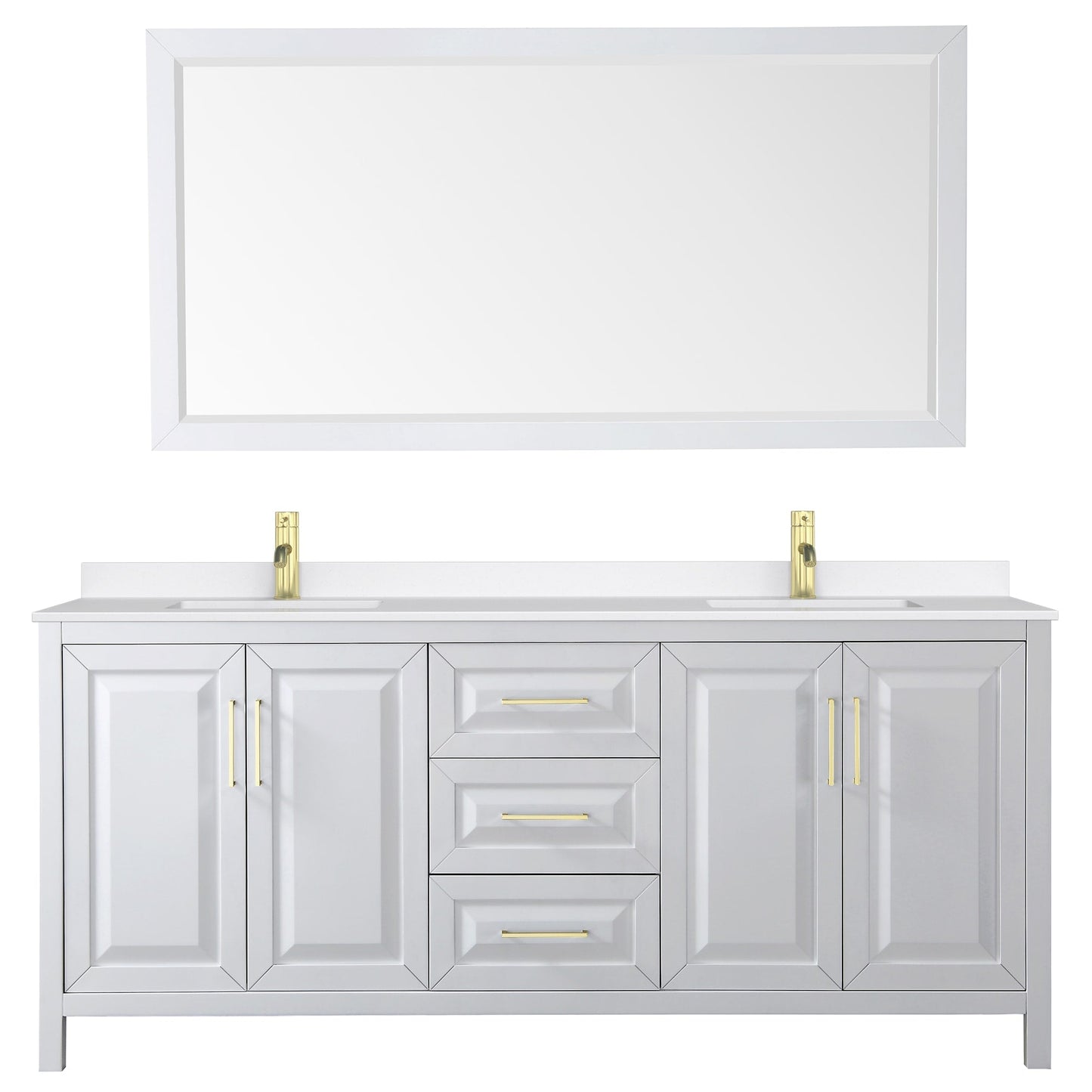 Wyndham Collection Daria 80" Double Bathroom Vanity in White, White Quartz Countertop, Undermount Square Sinks (1-Hole), Brushed Gold Trim, 70" Mirror