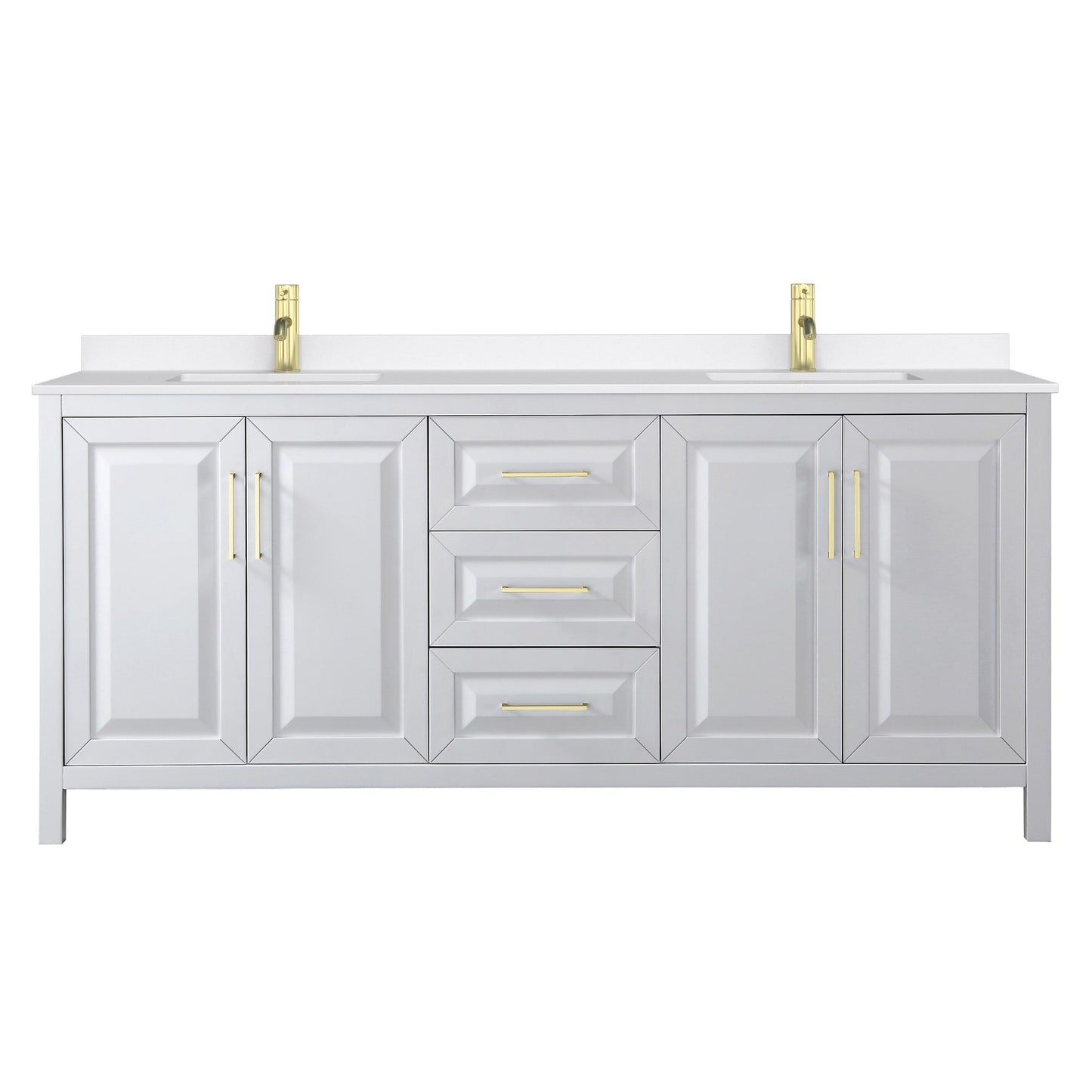 Wyndham Collection Daria 80" Double Bathroom Vanity in White, White Quartz Countertop, Undermount Square Sinks (1-Hole), Brushed Gold Trim