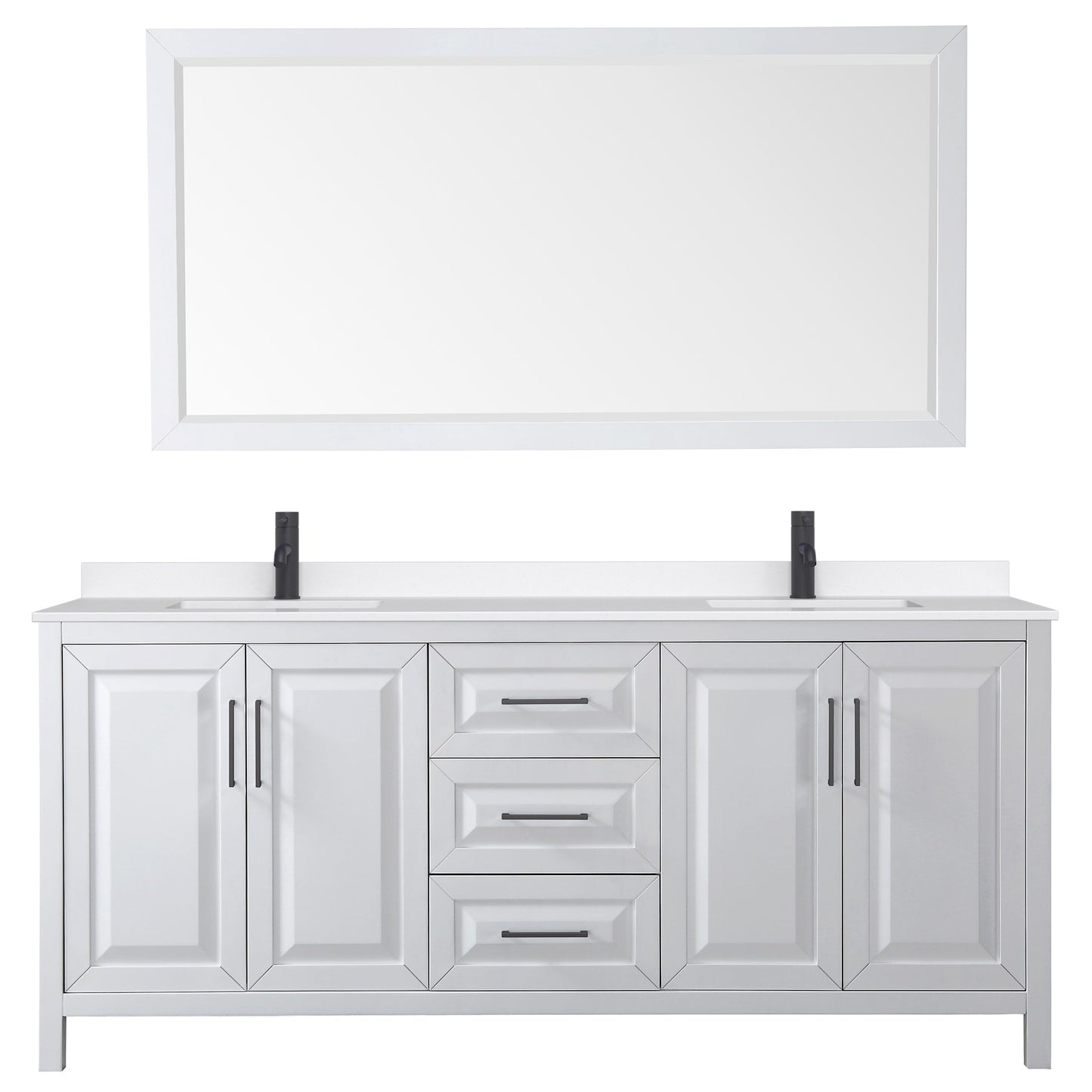 Wyndham Collection Daria 80" Double Bathroom Vanity in White, White Quartz Countertop, Undermount Square Sinks (1-Hole), Matte Black Trim, 70" Mirror