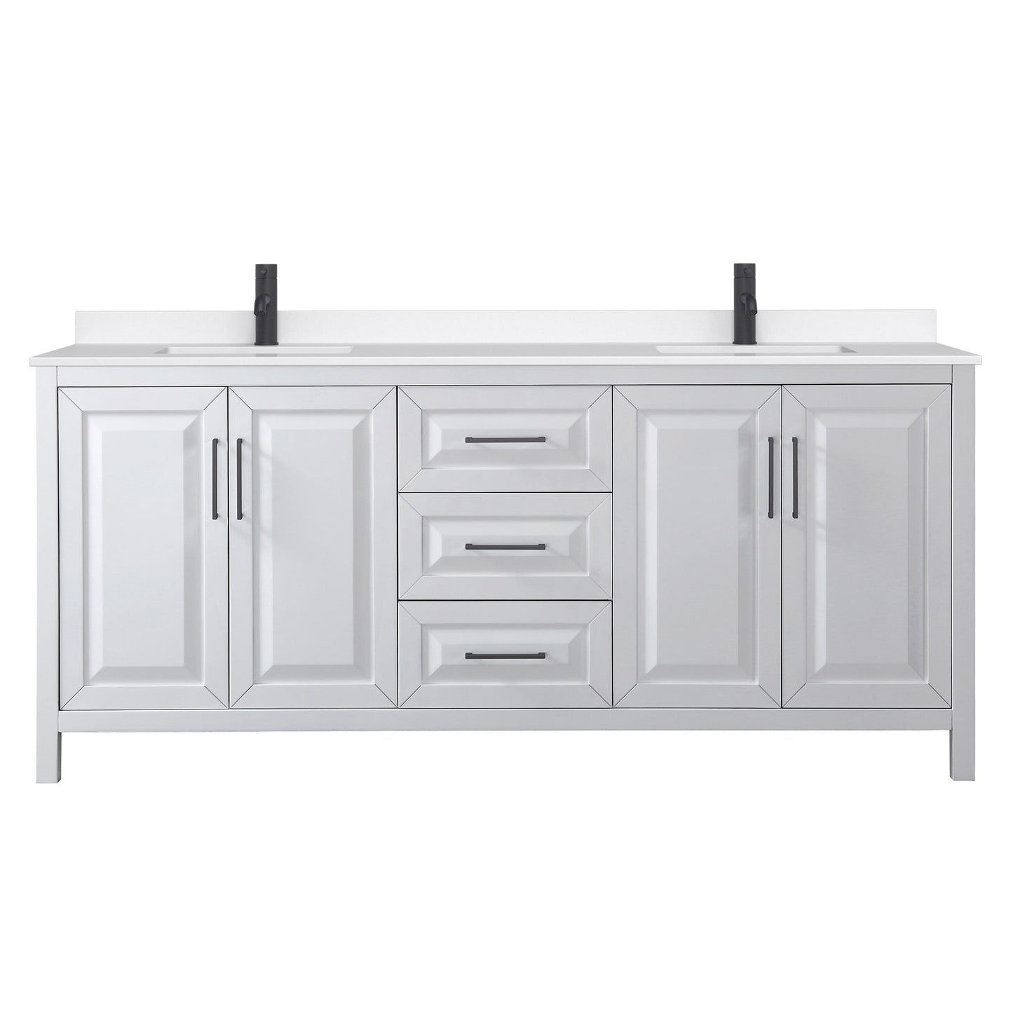 Wyndham Collection Daria 80" Double Bathroom Vanity in White, White Quartz Countertop, Undermount Square Sinks (1-Hole), Matte Black Trim