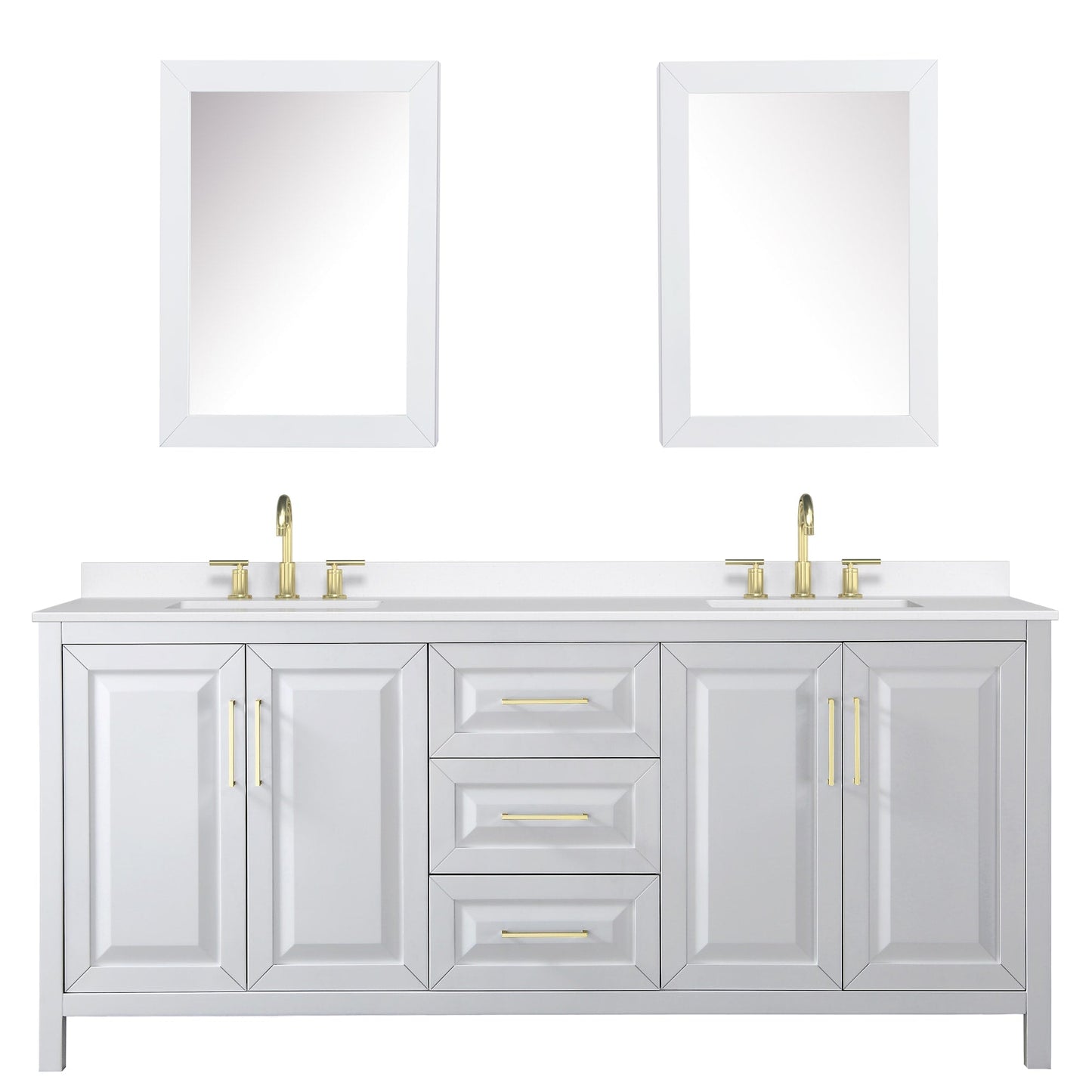 Wyndham Collection Daria 80" Double Bathroom Vanity in White, White Quartz Countertop, Undermount Square Sinks (3-Hole), Brushed Gold Trim, Medicine Cabinets