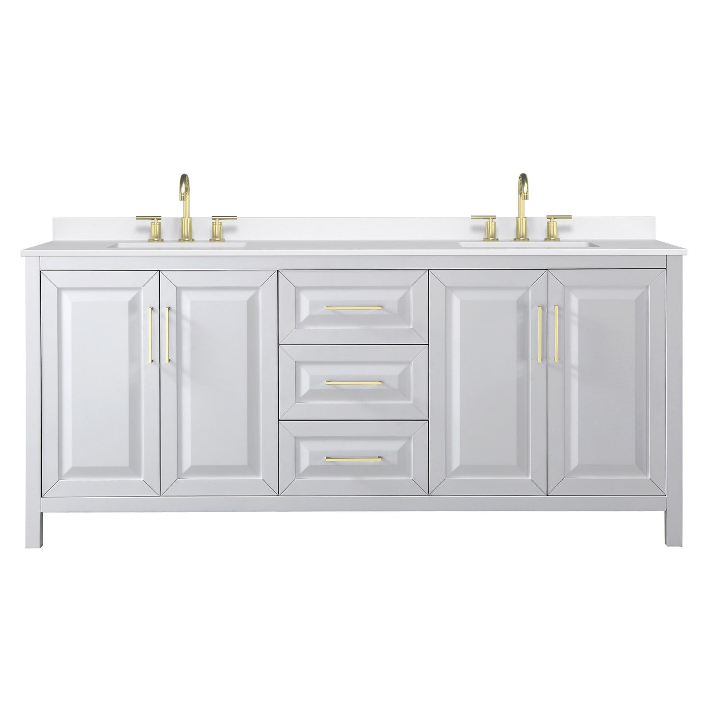 Wyndham Collection Daria 80" Double Bathroom Vanity in White, White Quartz Countertop, Undermount Square Sinks (3-Hole), Brushed Gold Trim
