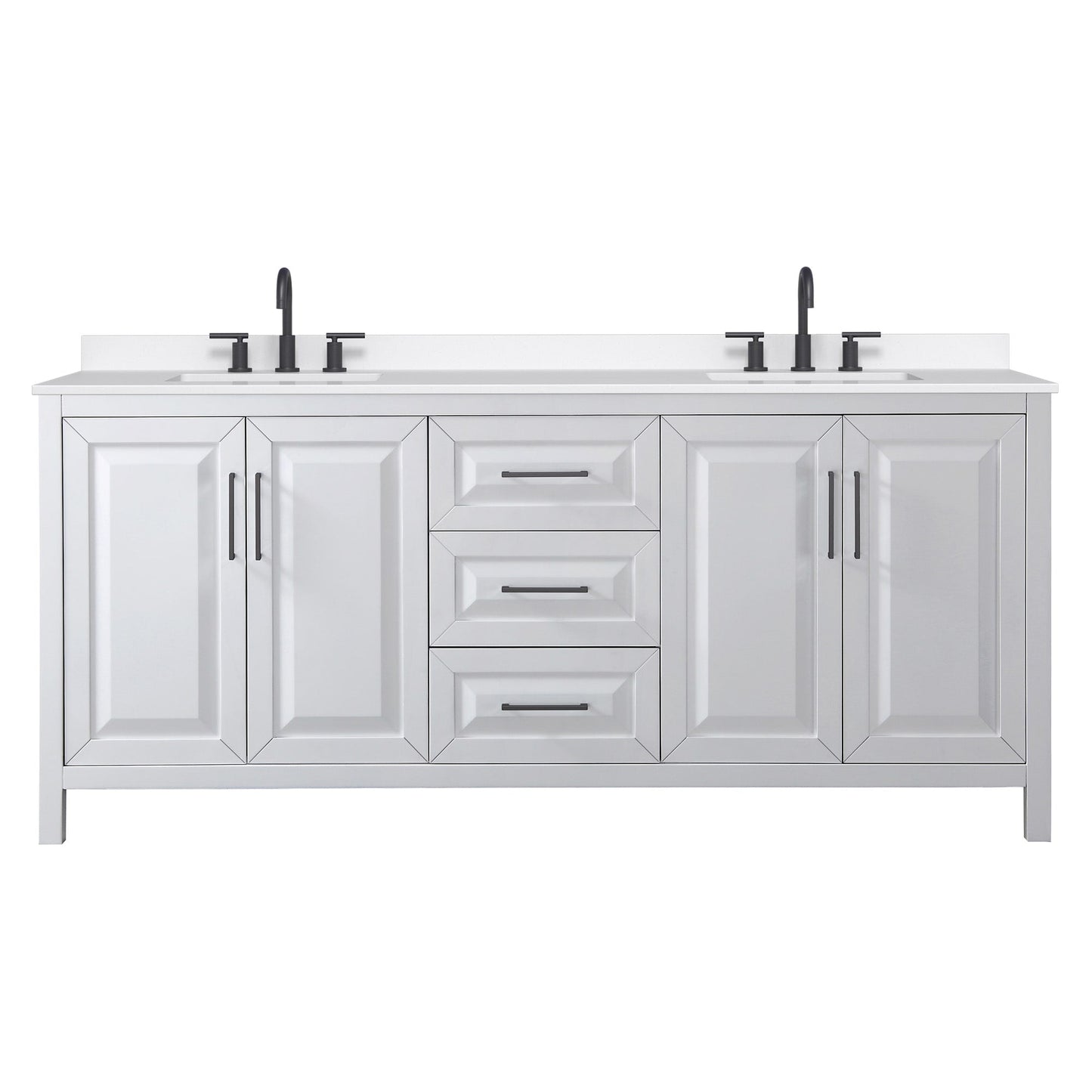 Wyndham Collection Daria 80" Double Bathroom Vanity in White, White Quartz Countertop, Undermount Square Sinks (3-Hole), Matte Black Trim