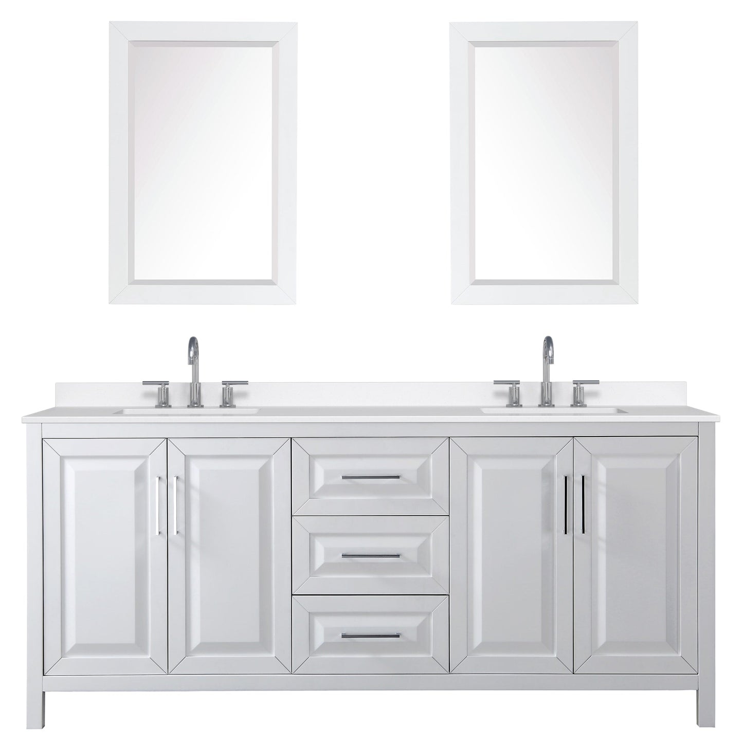 Wyndham Collection Daria 80" Double Bathroom Vanity in White, White Quartz Countertop, Undermount Square Sinks (3-Hole), Polished Chrome Trim, 24" Mirrors