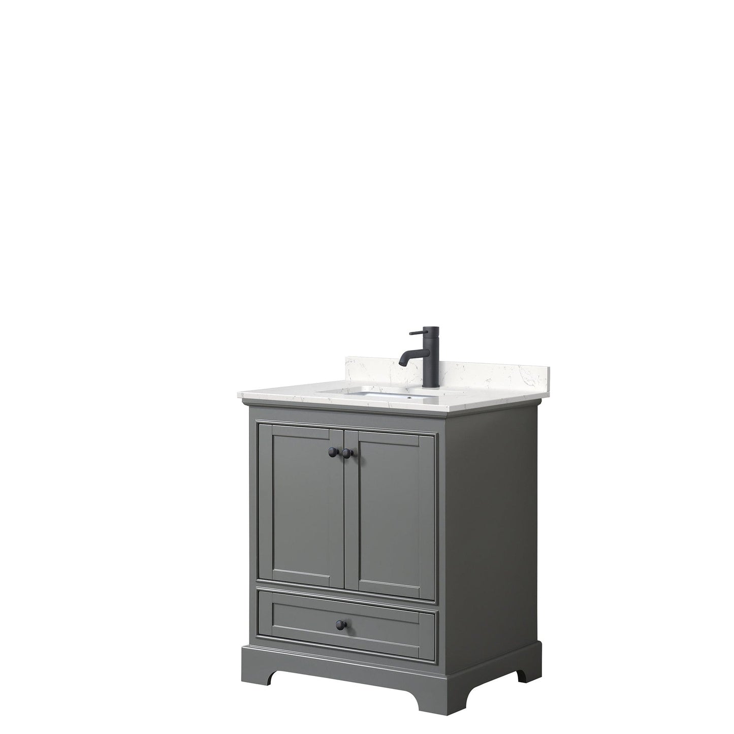 Wyndham Collection Deborah 30" Single Bathroom Vanity in Dark Gray, Carrara Cultured Marble Countertop, Undermount Square Sink, Matte Black Trim