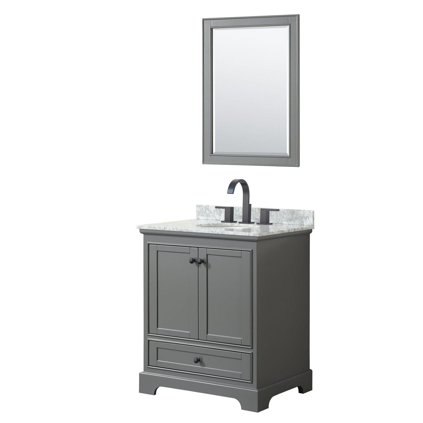 Wyndham Collection Deborah 30" Single Bathroom Vanity in Dark Gray, White Carrara Marble Countertop, Undermount Oval Sink, Matte Black Trim, 24" Mirror