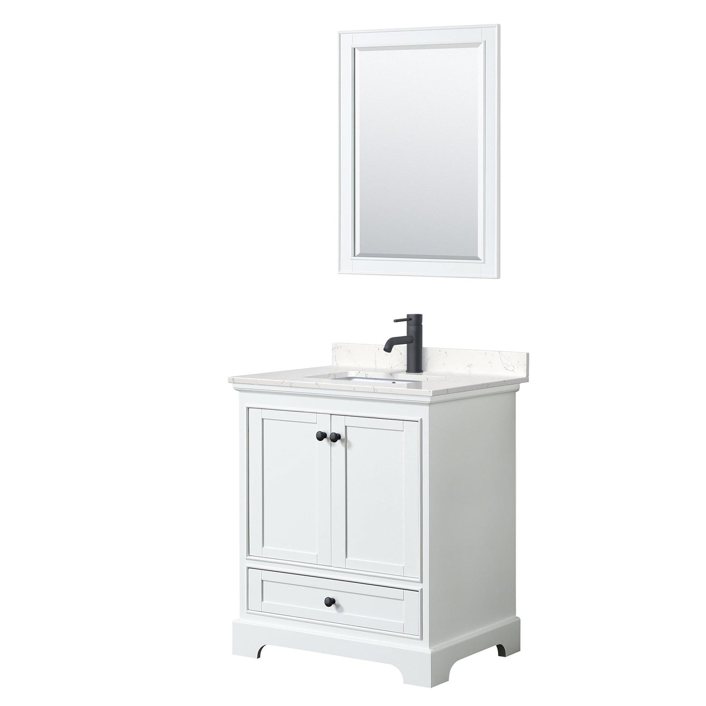 Wyndham Collection Deborah 30" Single Bathroom Vanity in White, Carrara Cultured Marble Countertop, Undermount Square Sink, Matte Black Trim, 24" Mirror