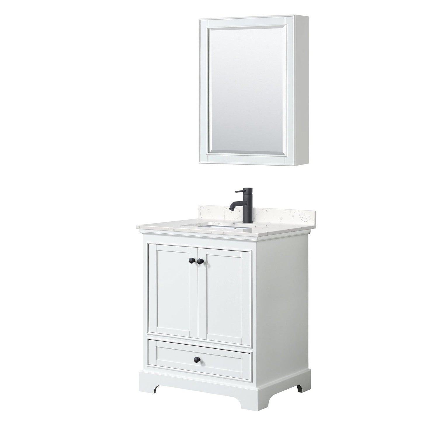 Wyndham Collection Deborah 30" Single Bathroom Vanity in White, Carrara Cultured Marble Countertop, Undermount Square Sink, Matte Black Trim, Medicine Cabinet