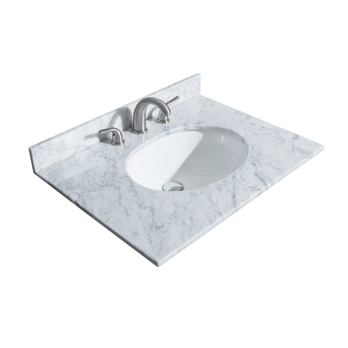 Wyndham Collection Deborah 30" Single Bathroom Vanity in White, White Carrara Marble Countertop, Undermount Oval Sink, Brushed Gold Trim, No Mirror