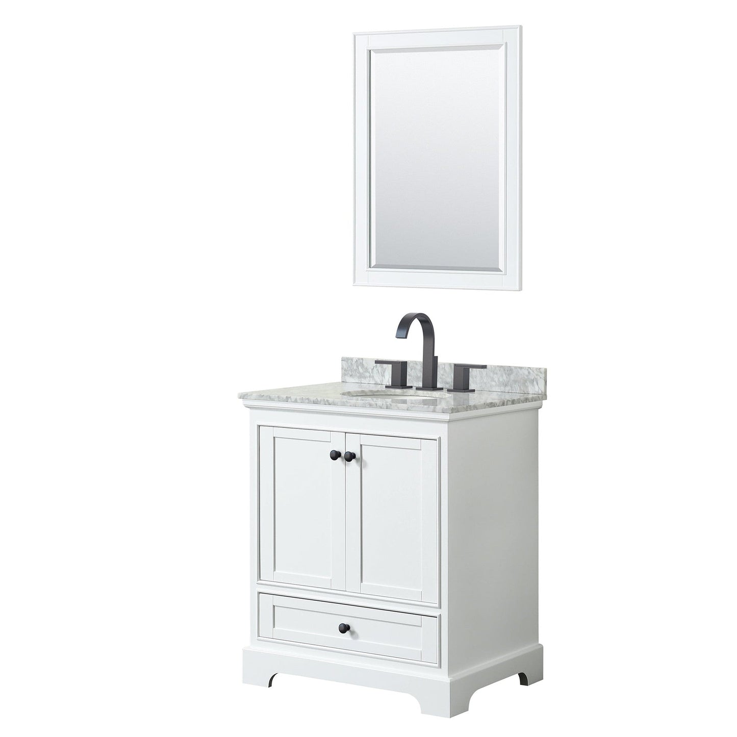 Wyndham Collection Deborah 30" Single Bathroom Vanity in White, White Carrara Marble Countertop, Undermount Oval Sink, Matte Black Trim, 24" Mirror