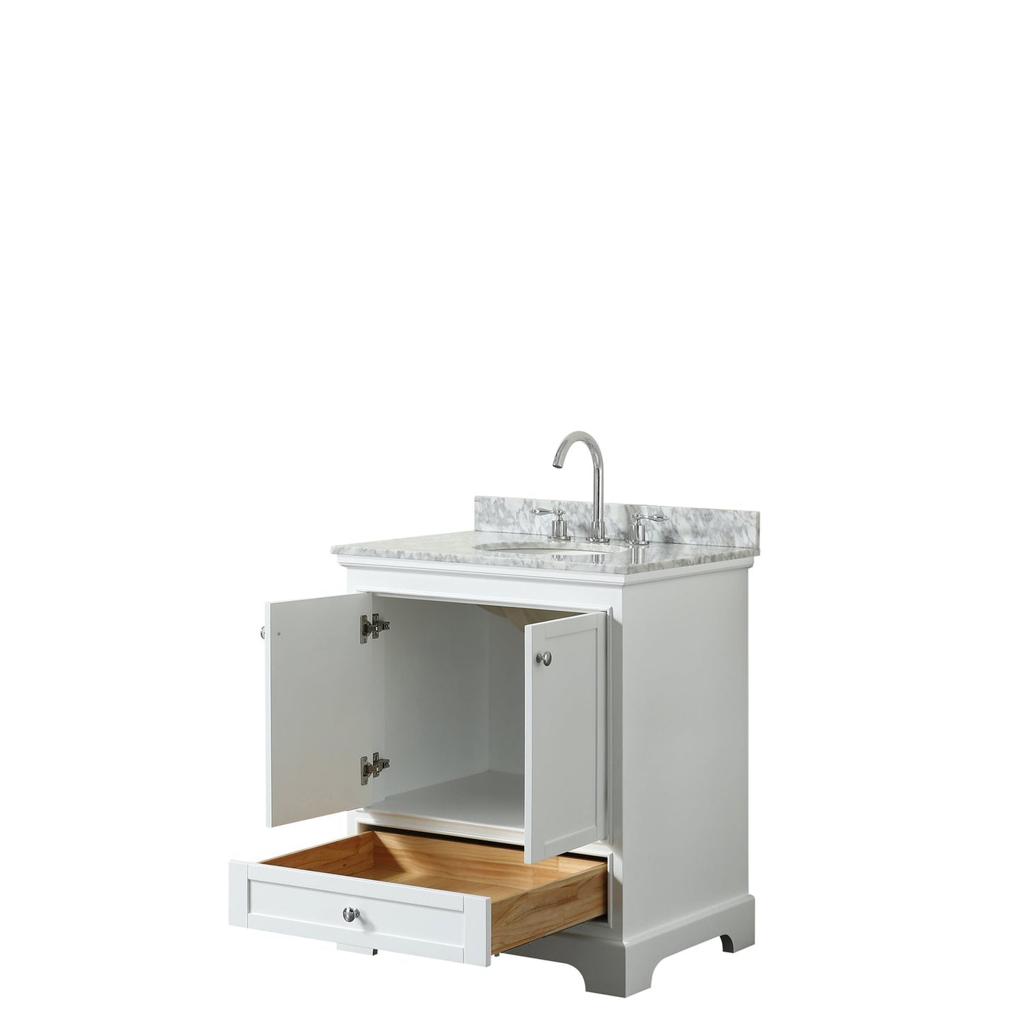 Wyndham Collection Deborah 30" Single Bathroom Vanity in White, White Carrara Marble Countertop, Undermount Oval Sink, and No Mirror