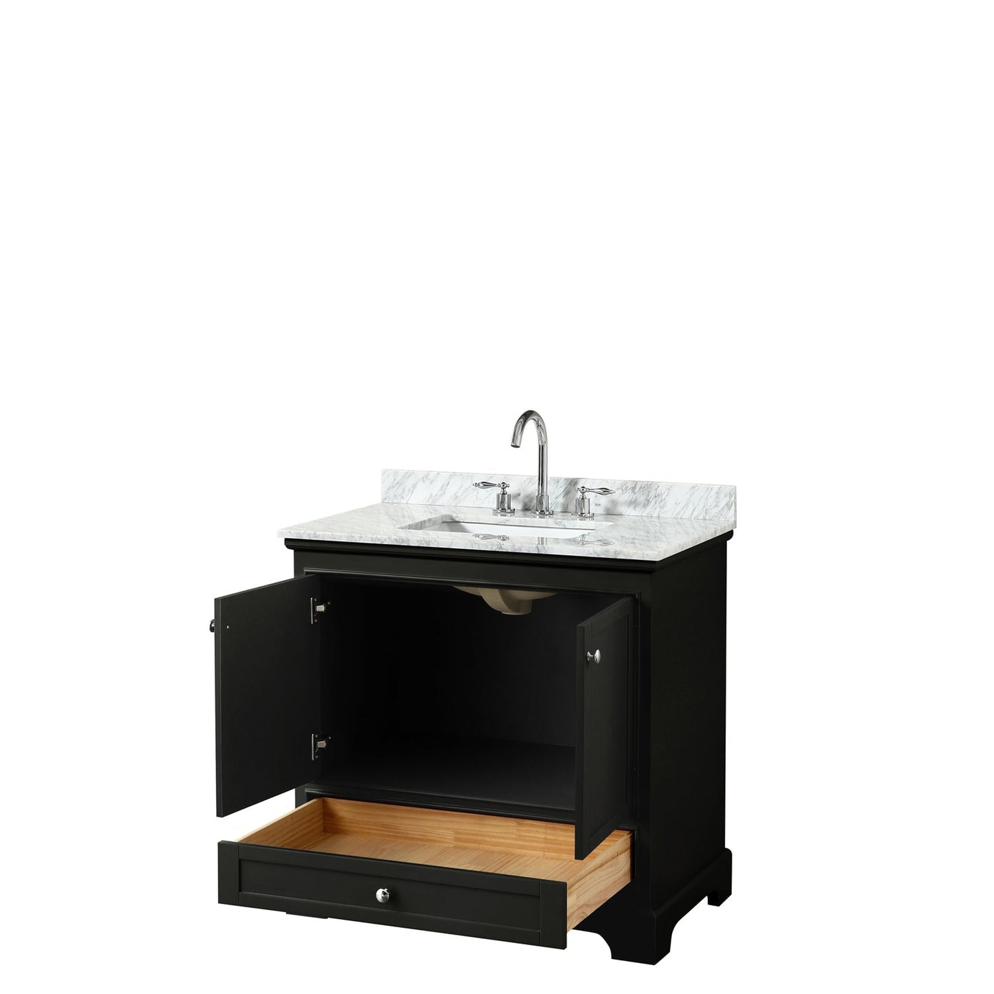 Wyndham Collection Deborah 36" Single Bathroom Vanity in Dark Espresso, White Carrara Marble Countertop, Undermount Square Sink, and No Mirror