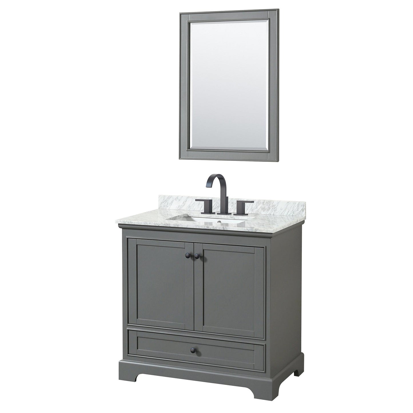 Wyndham Collection Deborah 36" Single Bathroom Vanity in Dark Gray, White Carrara Marble Countertop, Undermount Square Sink, Matte Black Trim, 24" Mirror