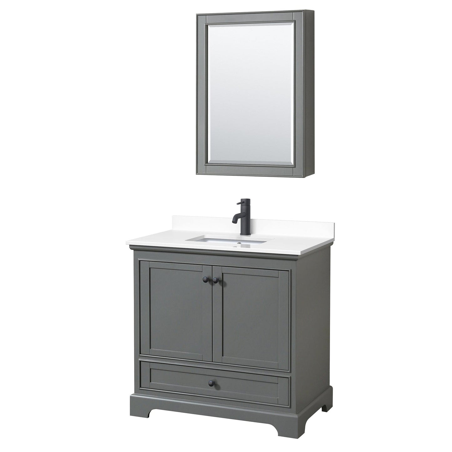 Wyndham Collection Deborah 36" Single Bathroom Vanity in Dark Gray, White Cultured Marble Countertop, Undermount Square Sink, Matte Black Trim, Medicine Cabinet