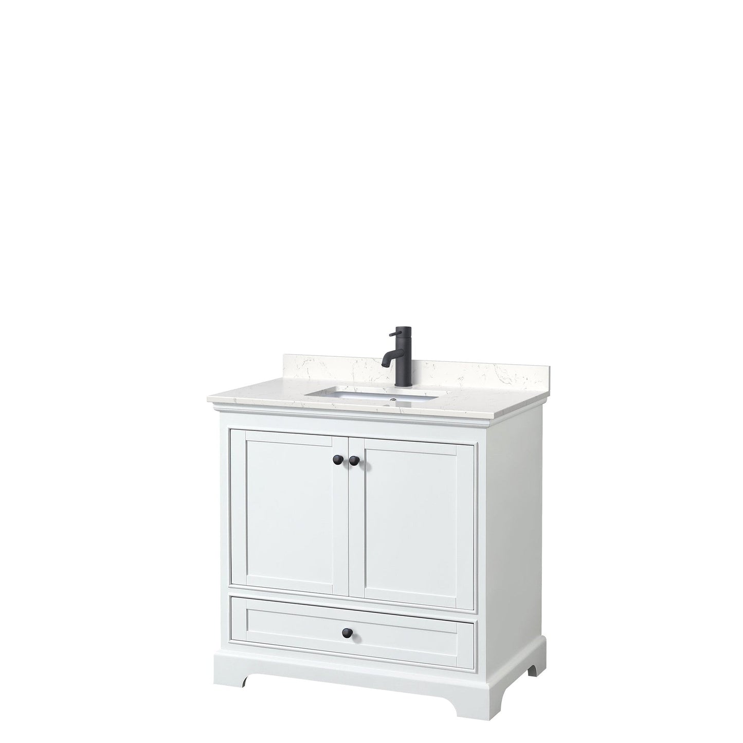 Wyndham Collection Deborah 36" Single Bathroom Vanity in White, Carrara Cultured Marble Countertop, Undermount Square Sink, Matte Black Trim