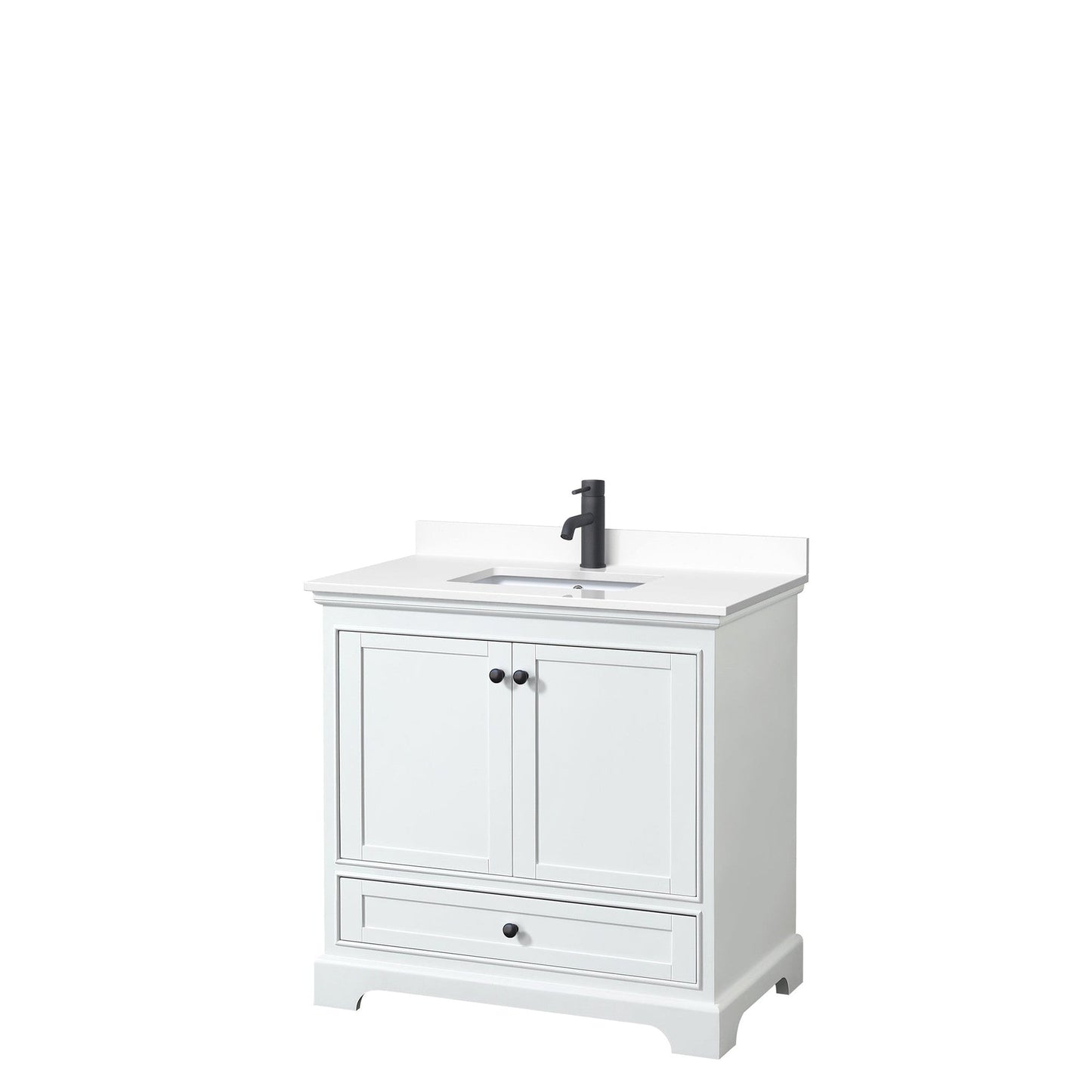 Wyndham Collection Deborah 36" Single Bathroom Vanity in White, White Cultured Marble Countertop, Undermount Square Sink, Matte Black Trim