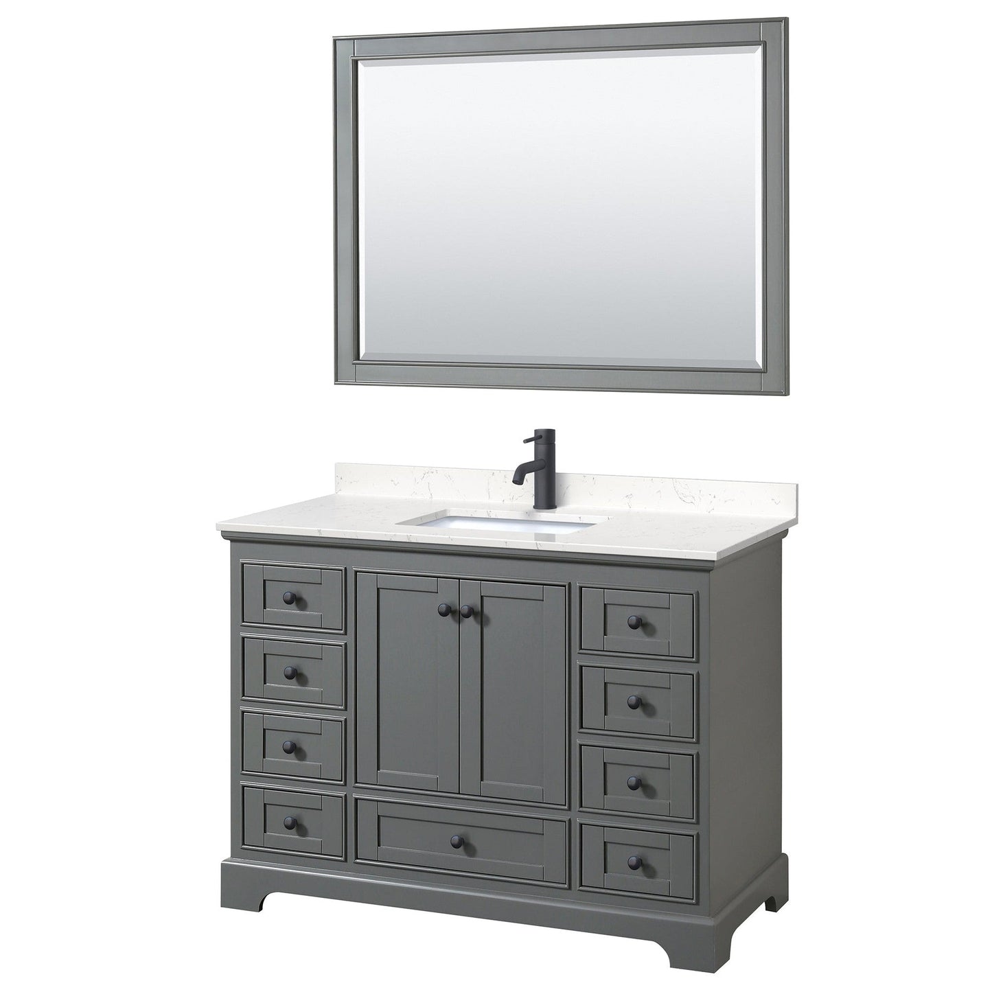 Wyndham Collection Deborah 48" Single Bathroom Vanity in Dark Gray, Carrara Cultured Marble Countertop, Undermount Square Sink, Matte Black Trim, 46" Mirror